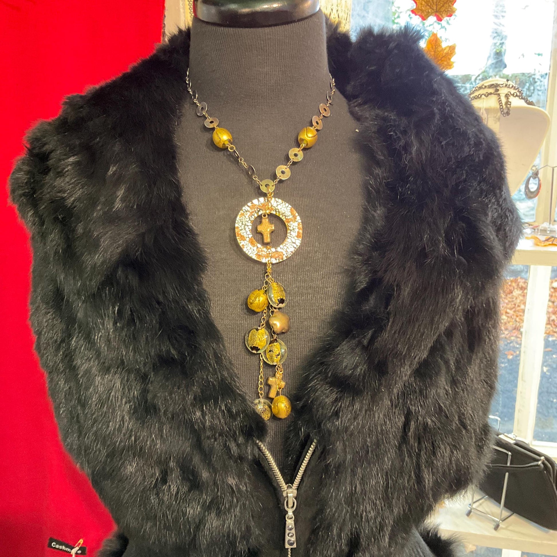Vintage Butler and Wilson Gold Foiled Glass Tassled Statement Pendant, Gold and Silver tone