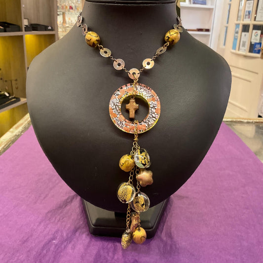Vintage Butler and Wilson Gold Foiled Glass Tassled Statement Pendant, Gold and Silver tone