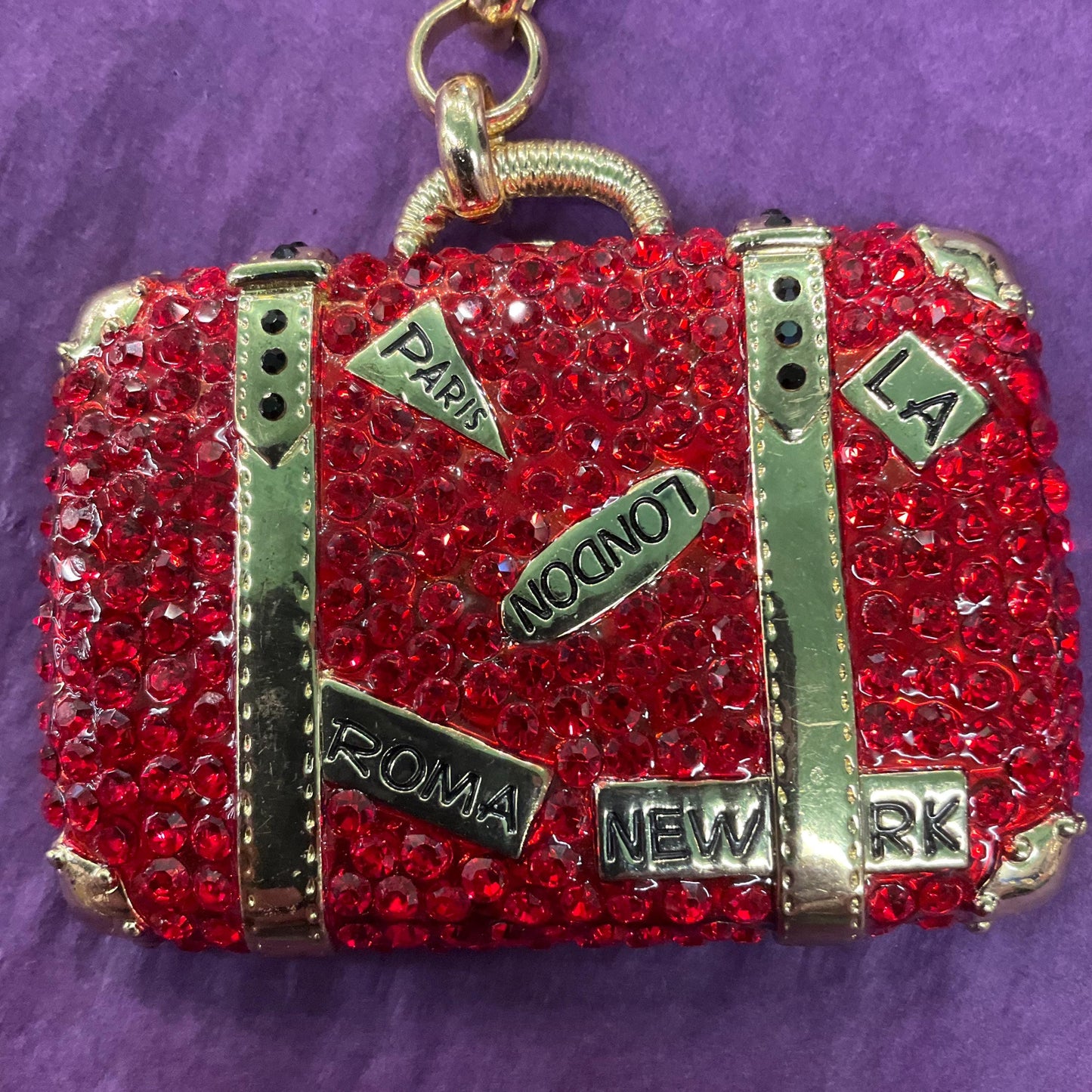 Vintage Butler and Wilson Large Crystal Suitcase Handbag Charm / Keyring, Gold Tone with red rhinestones