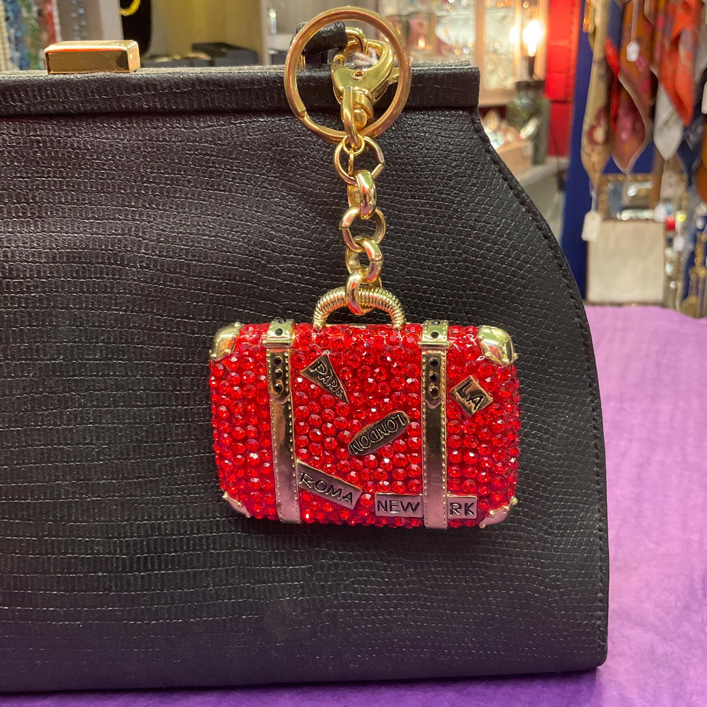Vintage Butler and Wilson Large Crystal Suitcase Handbag Charm / Keyring, Gold Tone with red rhinestones