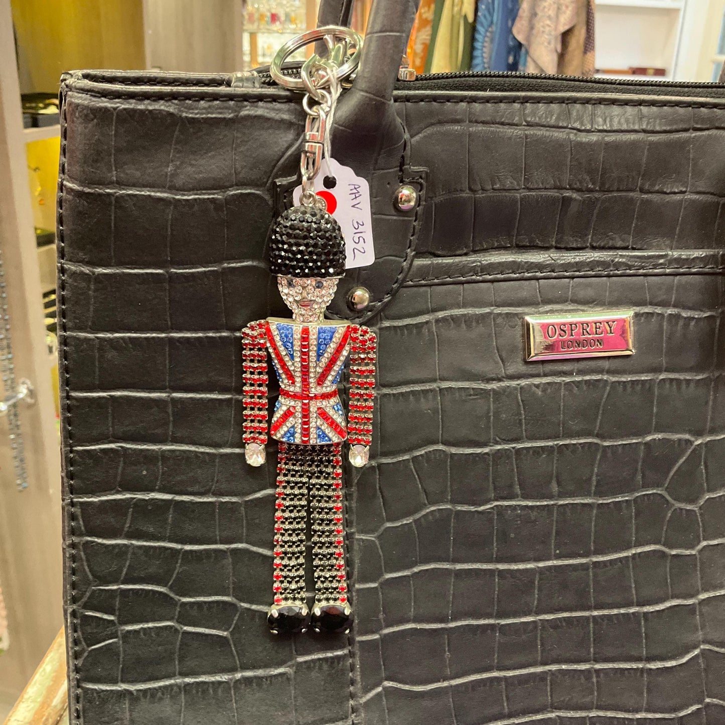 Vintage Butler and Wilson Statement Crystal Buckingham Palace Guard Handbag Charm/ Keyring, silver tone with Union Jack rhinestones