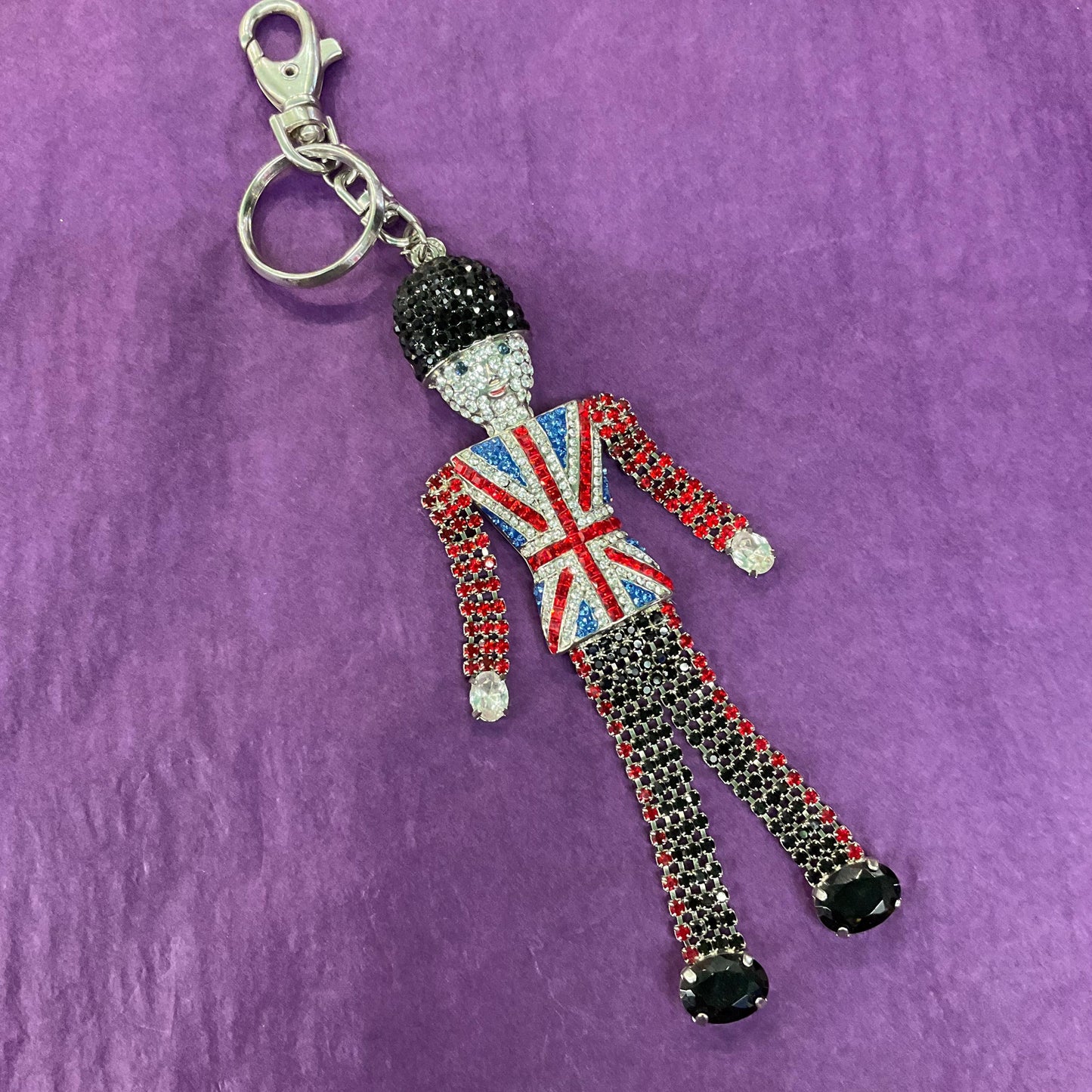 Vintage Butler and Wilson Statement Crystal Buckingham Palace Guard Handbag Charm/ Keyring, silver tone with Union Jack rhinestones