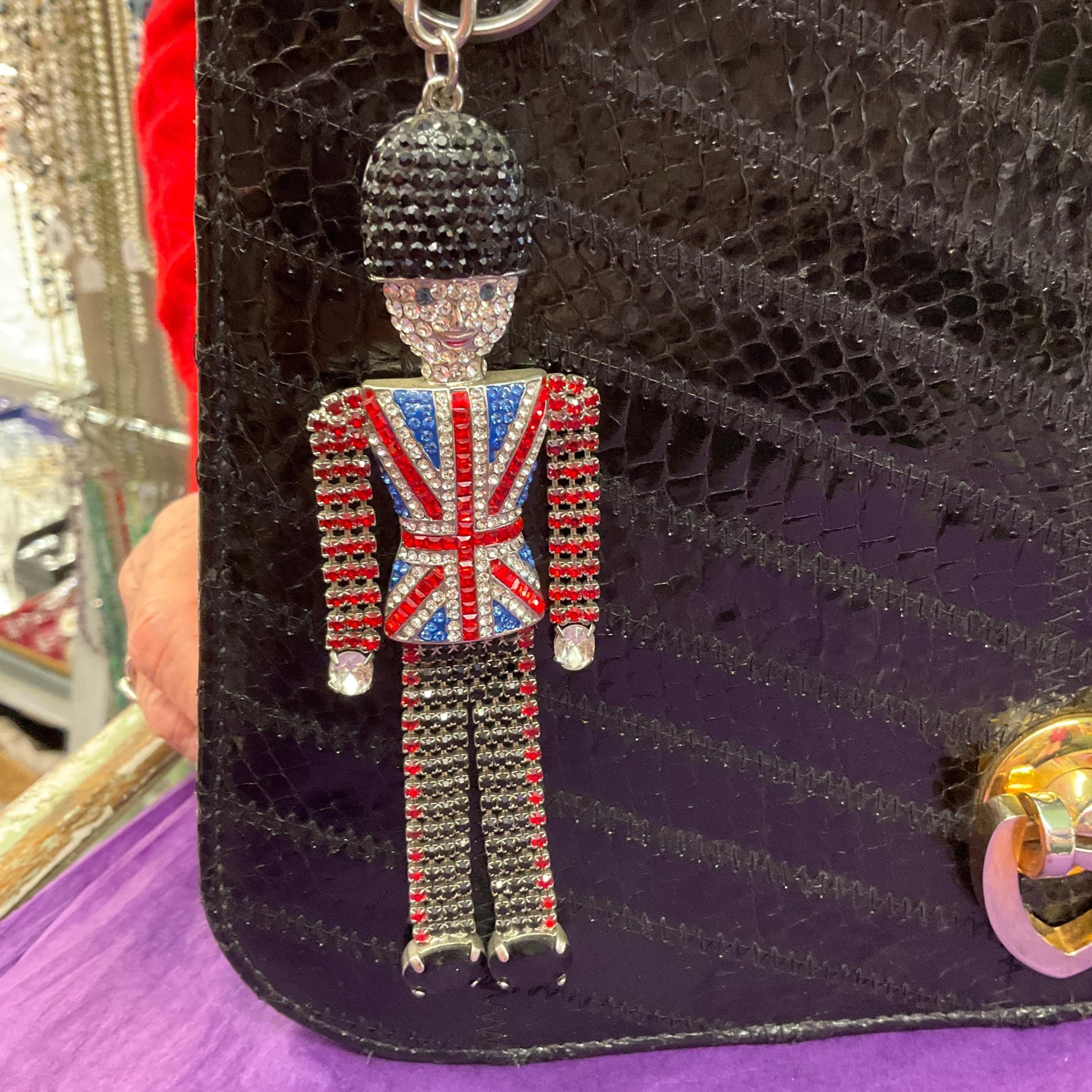 Vintage Butler and Wilson Statement Crystal Buckingham Palace Guard Handbag Charm/ Keyring, silver tone with Union Jack rhinestones