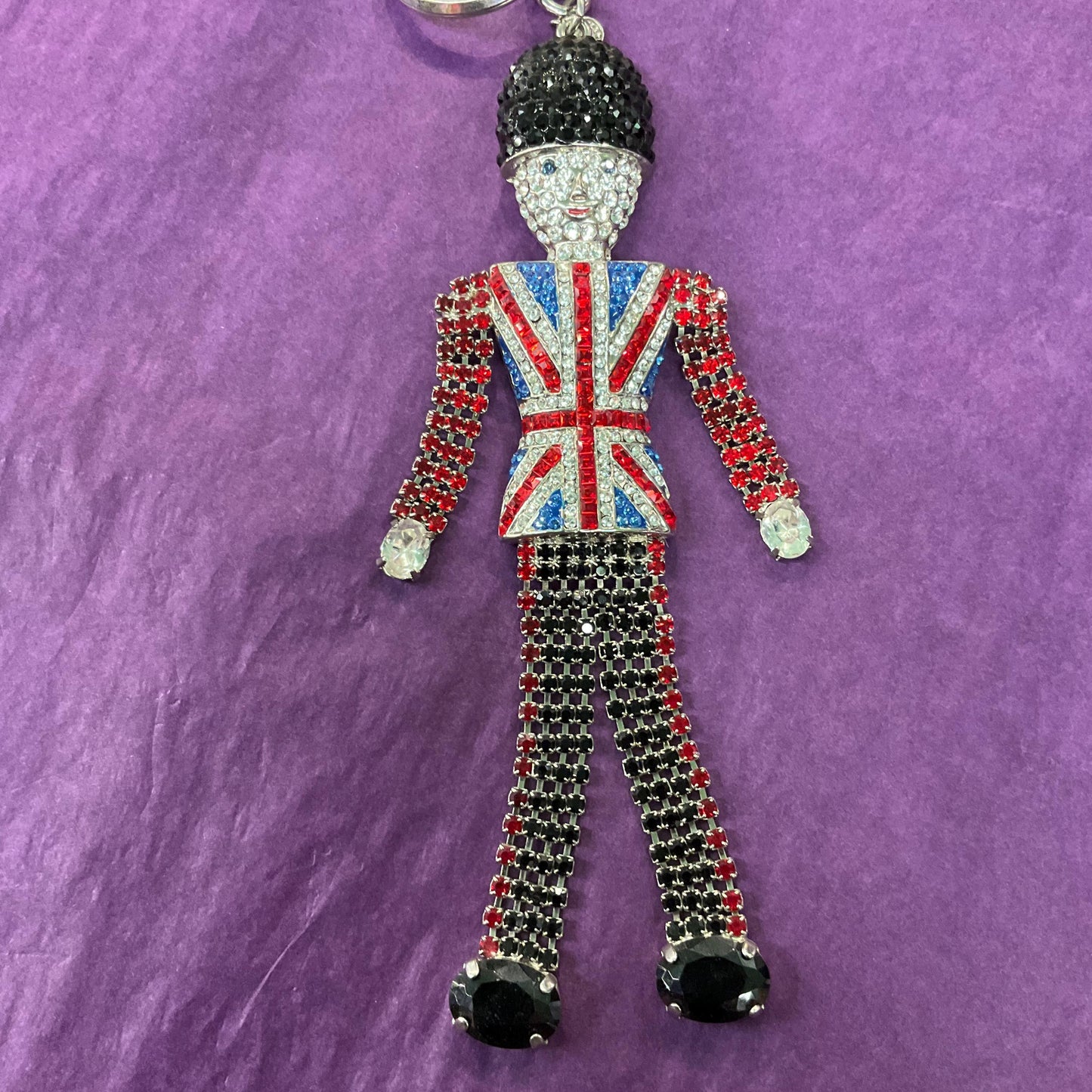 Vintage Butler and Wilson Statement Crystal Buckingham Palace Guard Handbag Charm/ Keyring, silver tone with Union Jack rhinestones