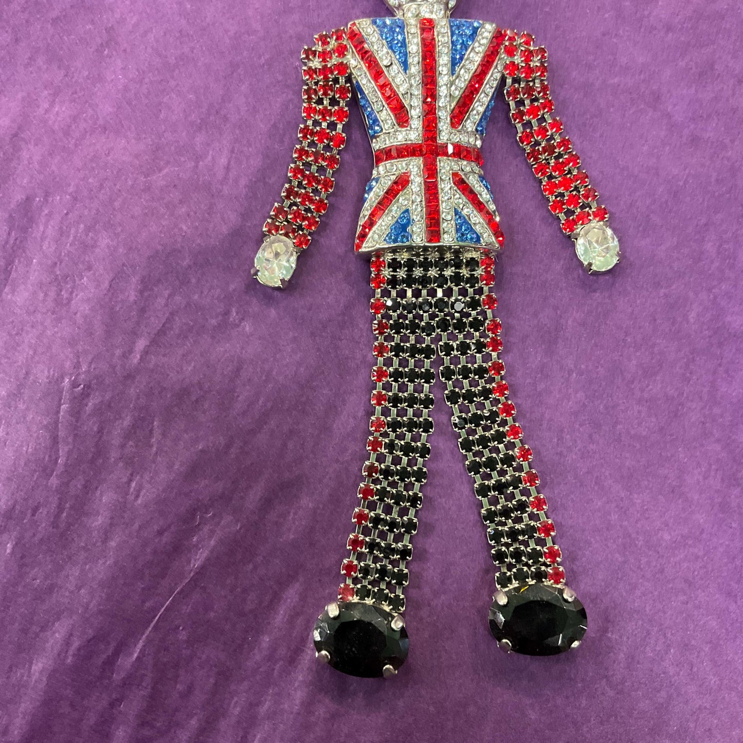 Vintage Butler and Wilson Statement Crystal Buckingham Palace Guard Handbag Charm/ Keyring, silver tone with Union Jack rhinestones