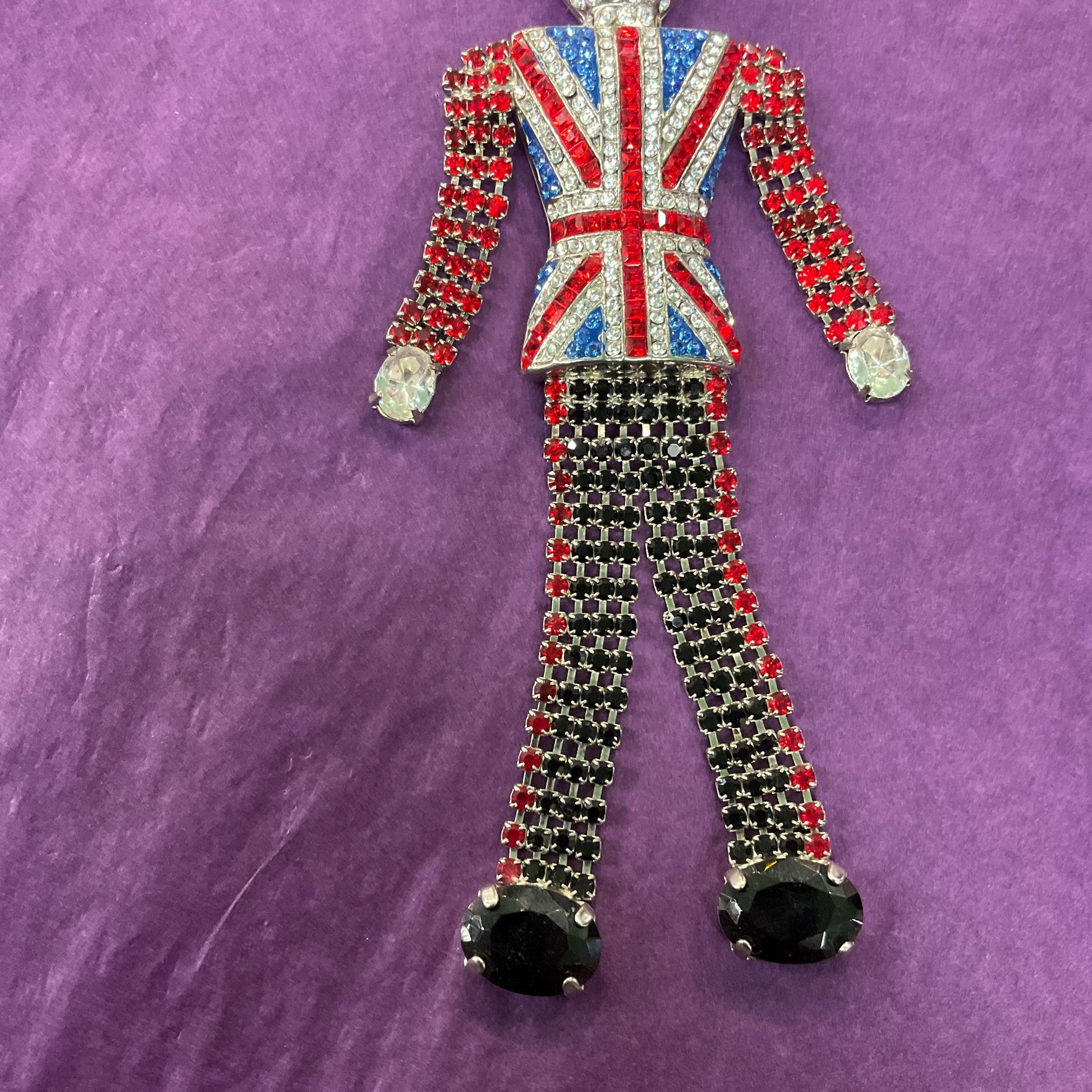 Vintage Butler and Wilson Statement Crystal Buckingham Palace Guard Handbag Charm/ Keyring, silver tone with Union Jack rhinestones