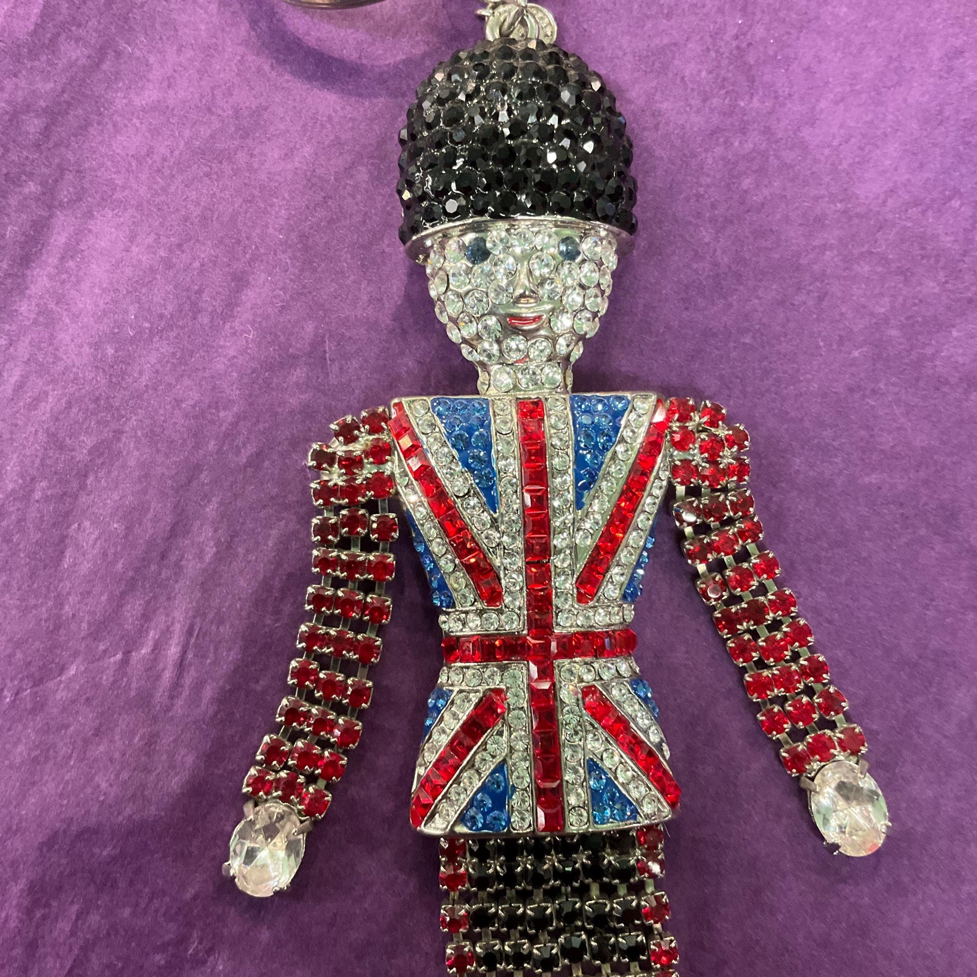 Vintage Butler and Wilson Statement Crystal Buckingham Palace Guard Handbag Charm/ Keyring, silver tone with Union Jack rhinestones