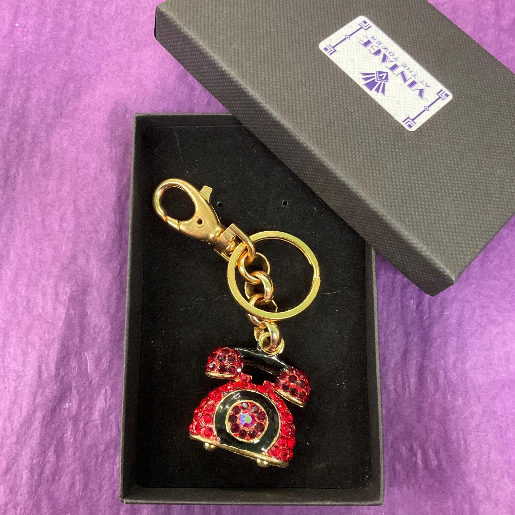 Vintage Butler and Wilson Crystal Telephone Handbag Charm/ Keyring, Gold tone with Red and black rhinestones