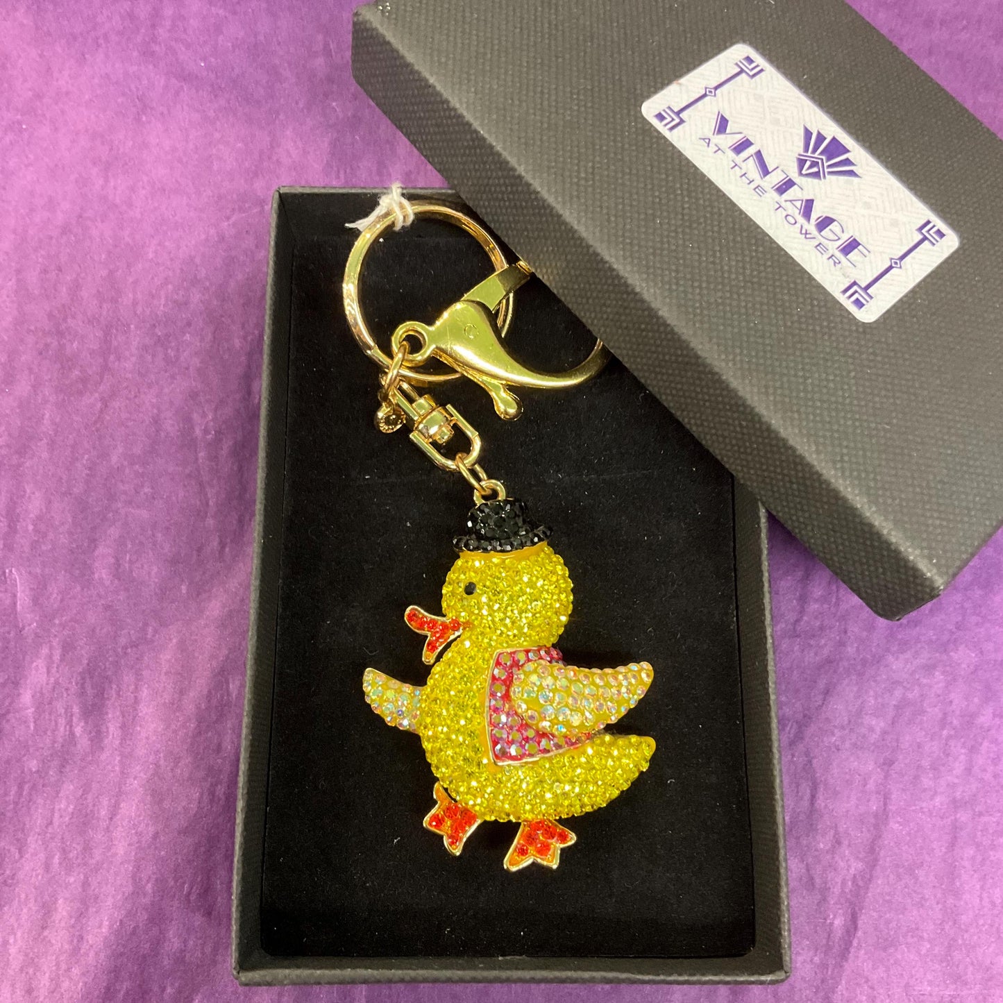 Vintage Butler and Wilson Crystal Dapper Duckling Handbafg charm/ Keyring, Gold tone with multicoloured rhinestones