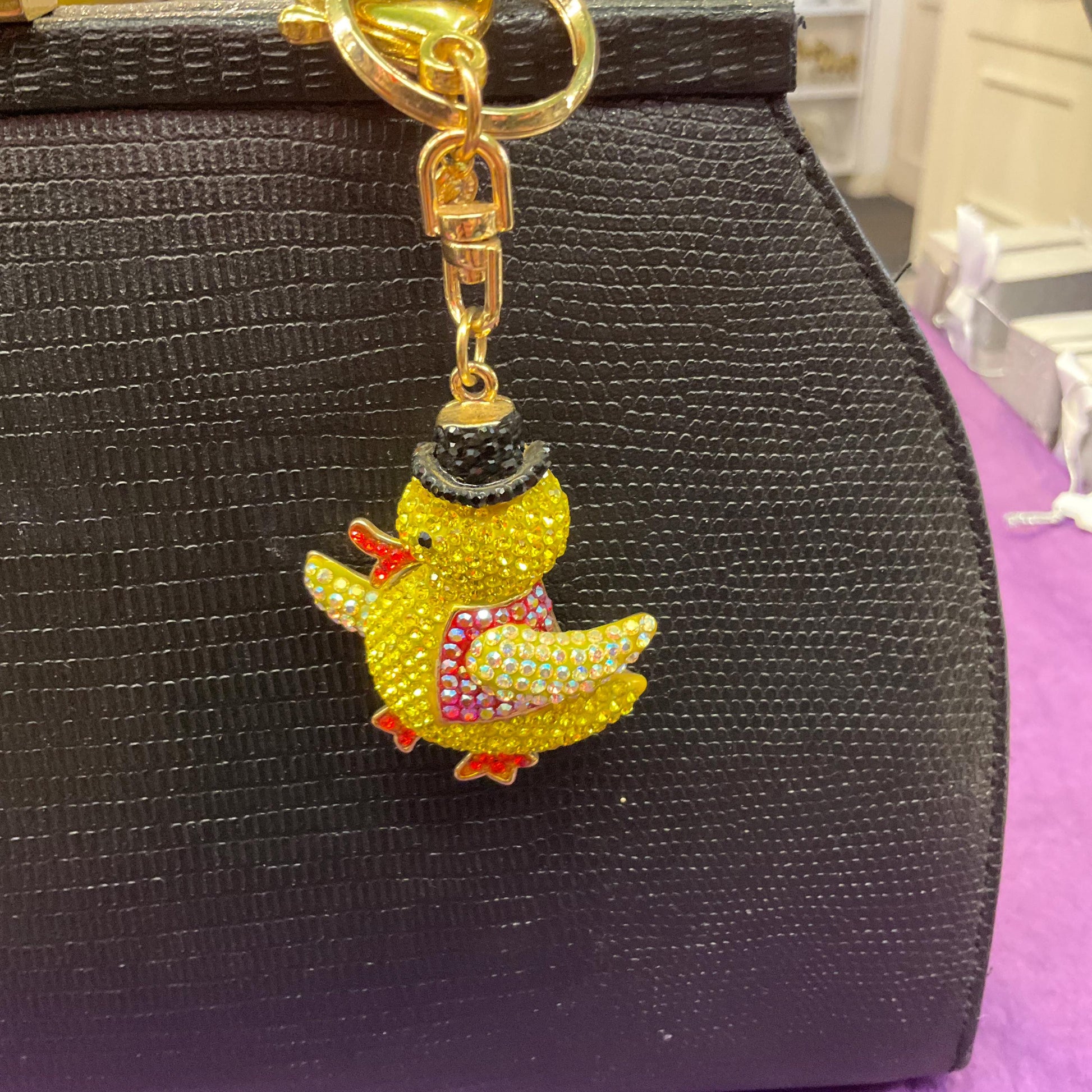 Vintage Butler and Wilson Crystal Dapper Duckling Handbafg charm/ Keyring, Gold tone with multicoloured rhinestones