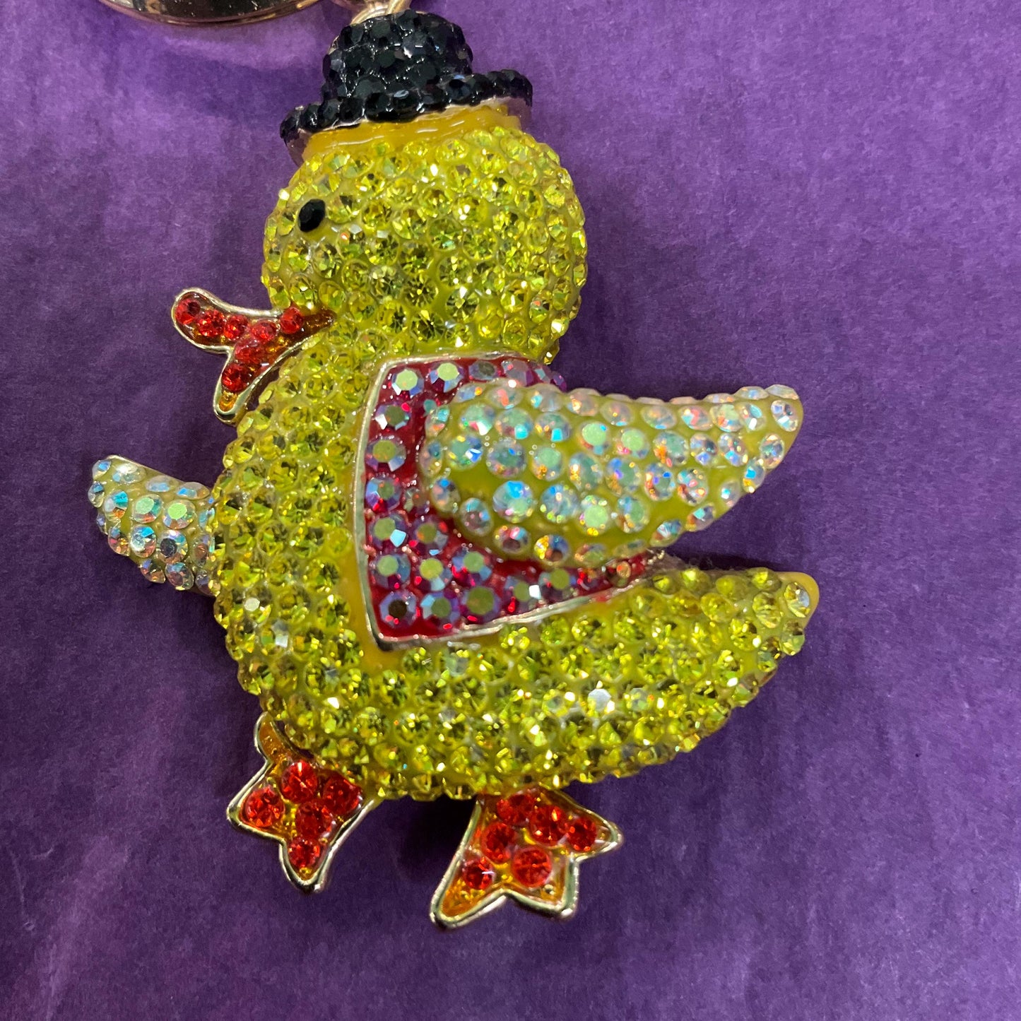Vintage Butler and Wilson Crystal Dapper Duckling Handbafg charm/ Keyring, Gold tone with multicoloured rhinestones
