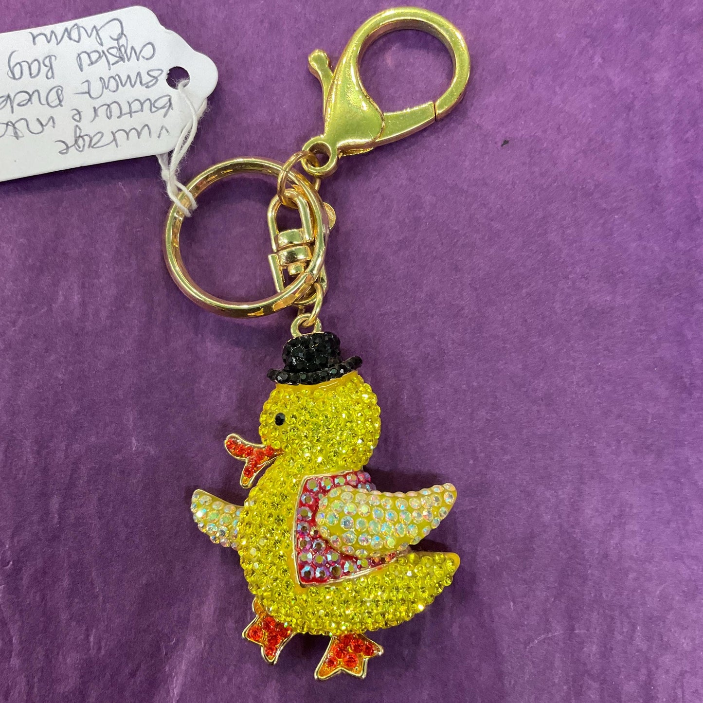 Vintage Butler and Wilson Crystal Dapper Duckling Handbafg charm/ Keyring, Gold tone with multicoloured rhinestones