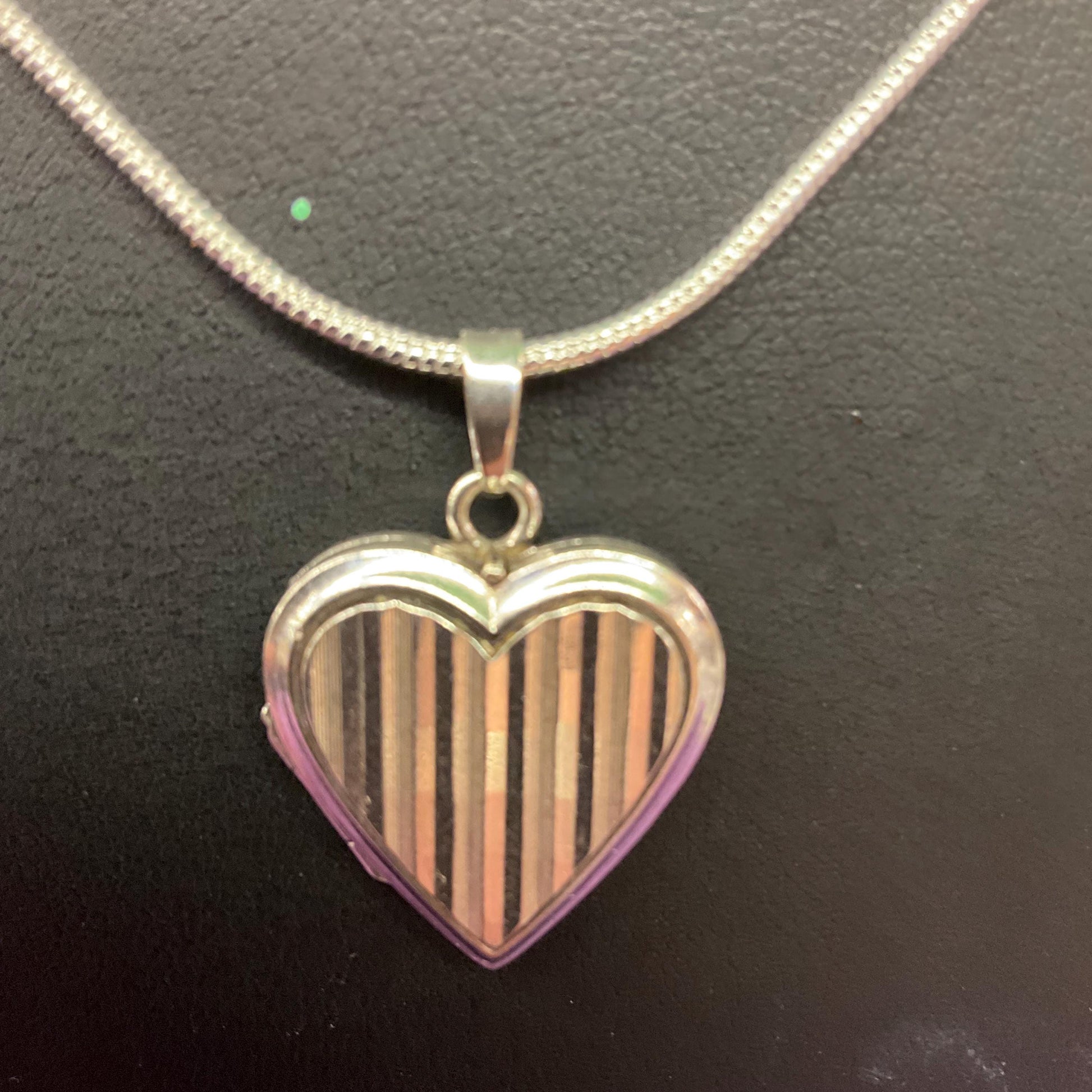 Vintage Silver Heart Shaped Small Locket, vertical striped engraving onto a silver snake chain