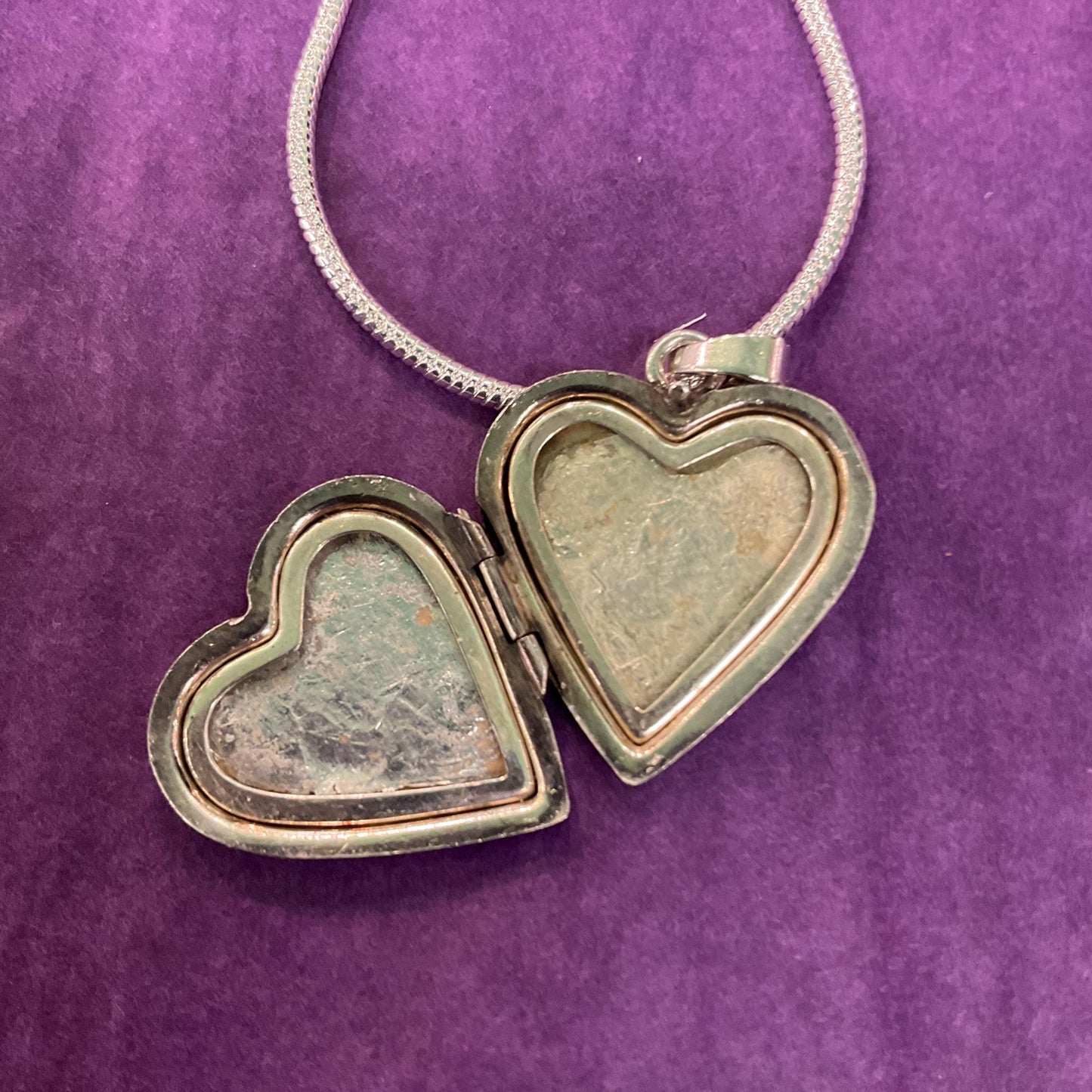 Vintage Silver Heart Shaped Small Locket, vertical striped engraving onto a silver snake chain