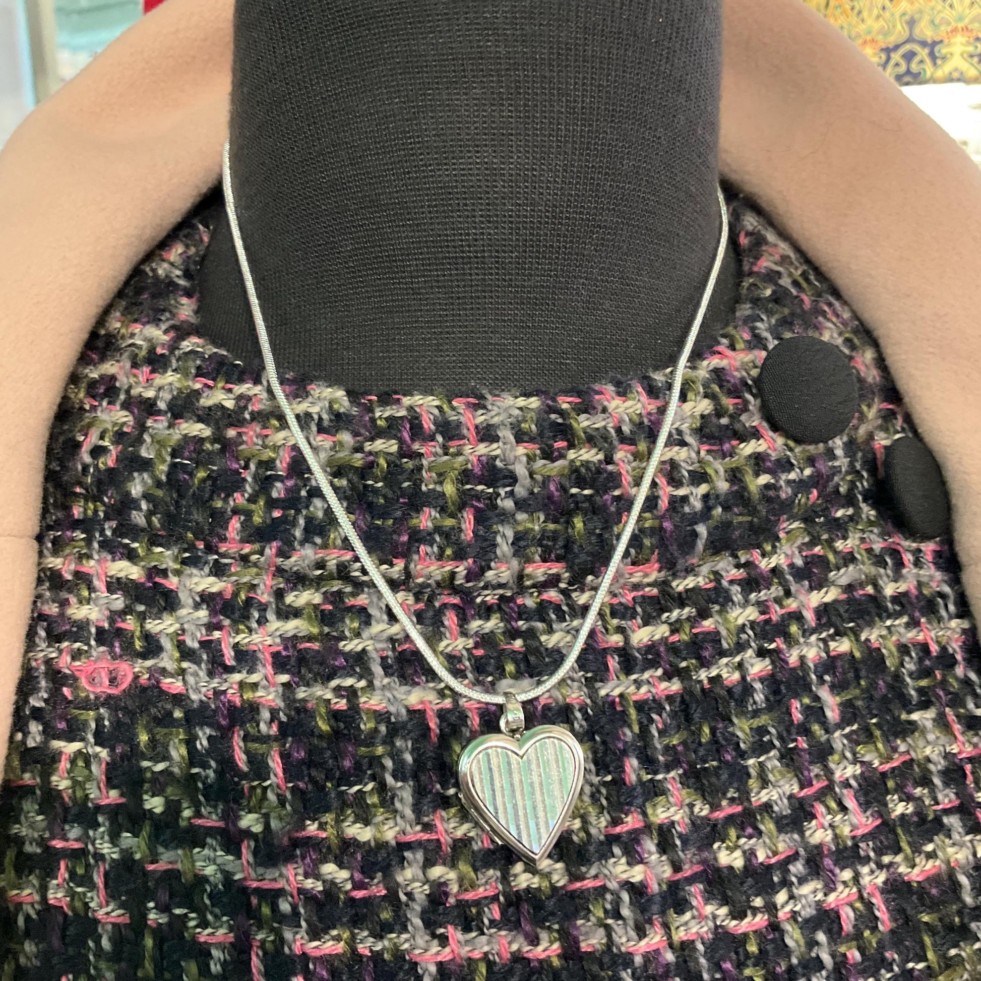 Vintage Silver Heart Shaped Small Locket, vertical striped engraving onto a silver snake chain