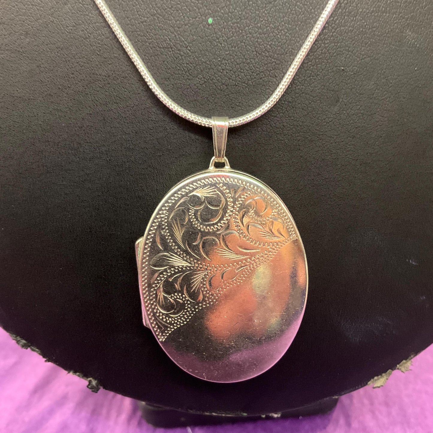 Vintage Sterling Silver Large Oval Locket, Birmingham Hallmark, Foliate Engraving onto 925 Silver Snake Chain