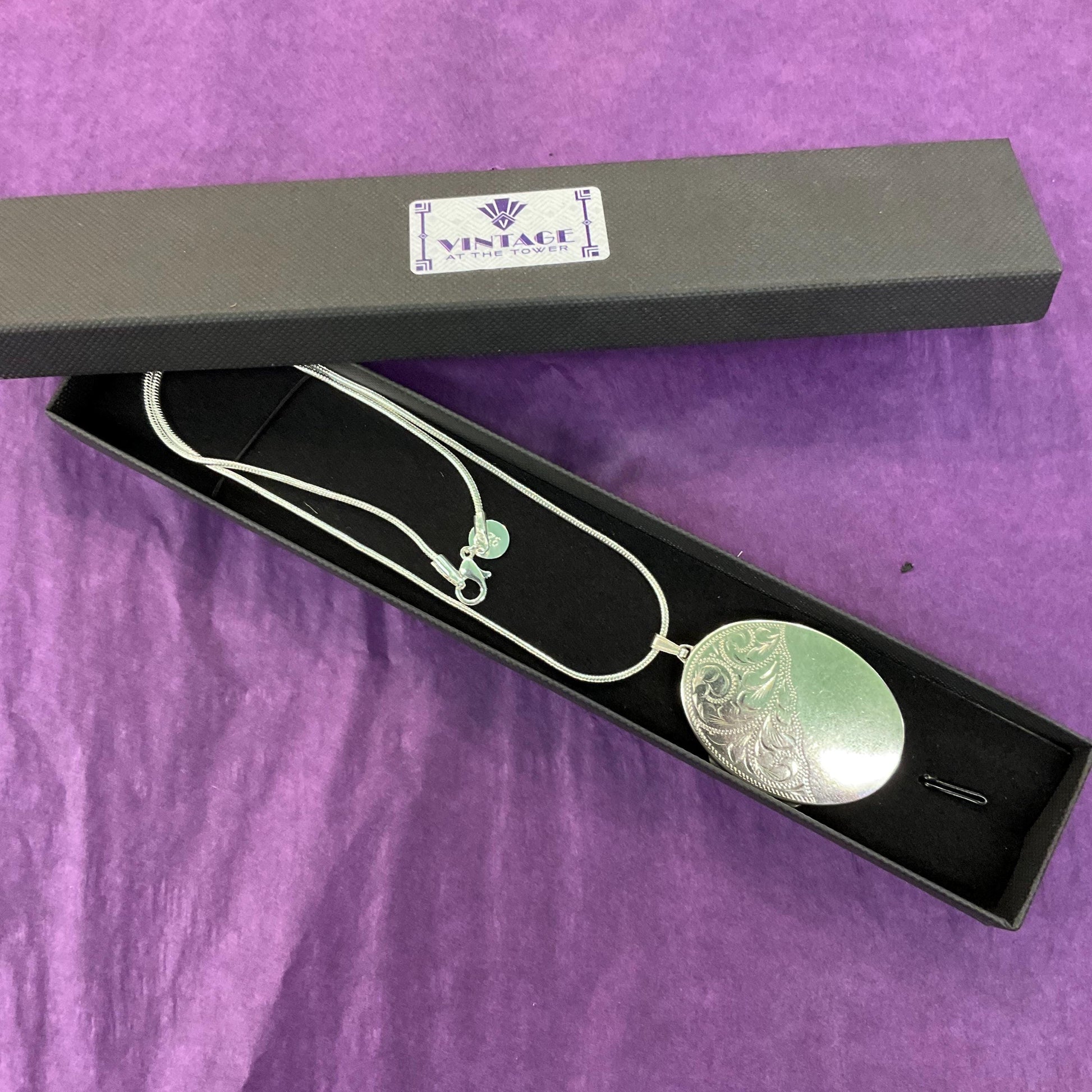 Vintage Sterling Silver Large Oval Locket, Birmingham Hallmark, Foliate Engraving onto 925 Silver Snake Chain