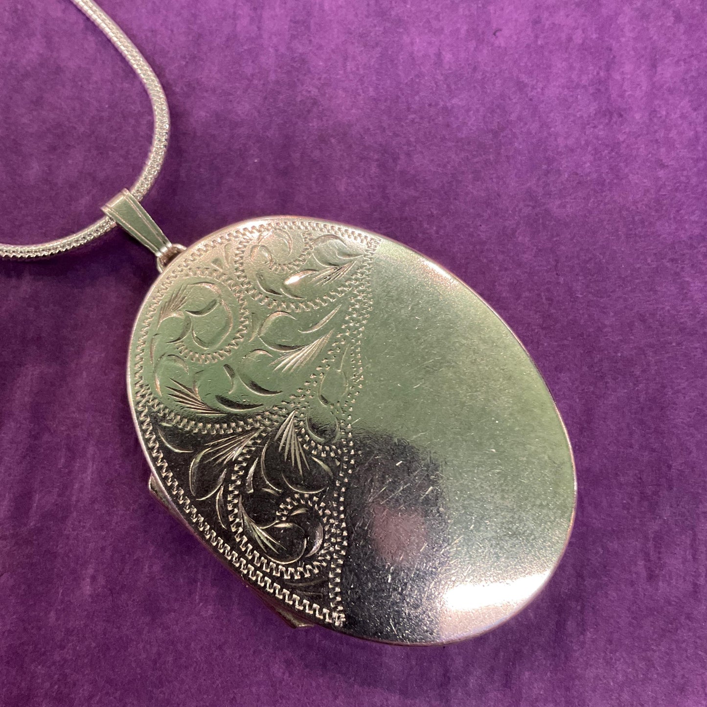 Vintage Sterling Silver Large Oval Locket, Birmingham Hallmark, Foliate Engraving onto 925 Silver Snake Chain