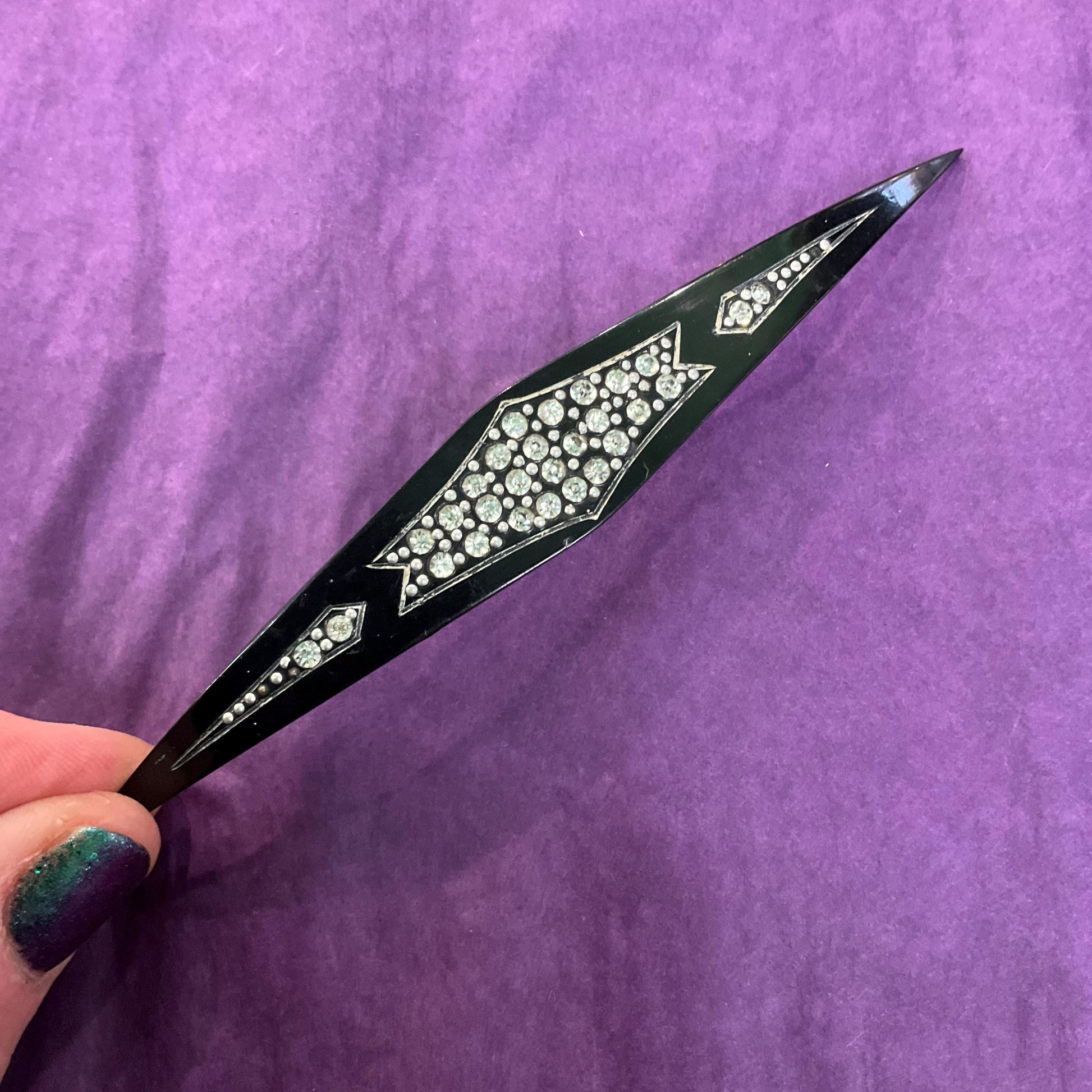 Antique Edwardian/ Art Deco Black Bakelite and Silver Crystal Large Brooch, pre 1910