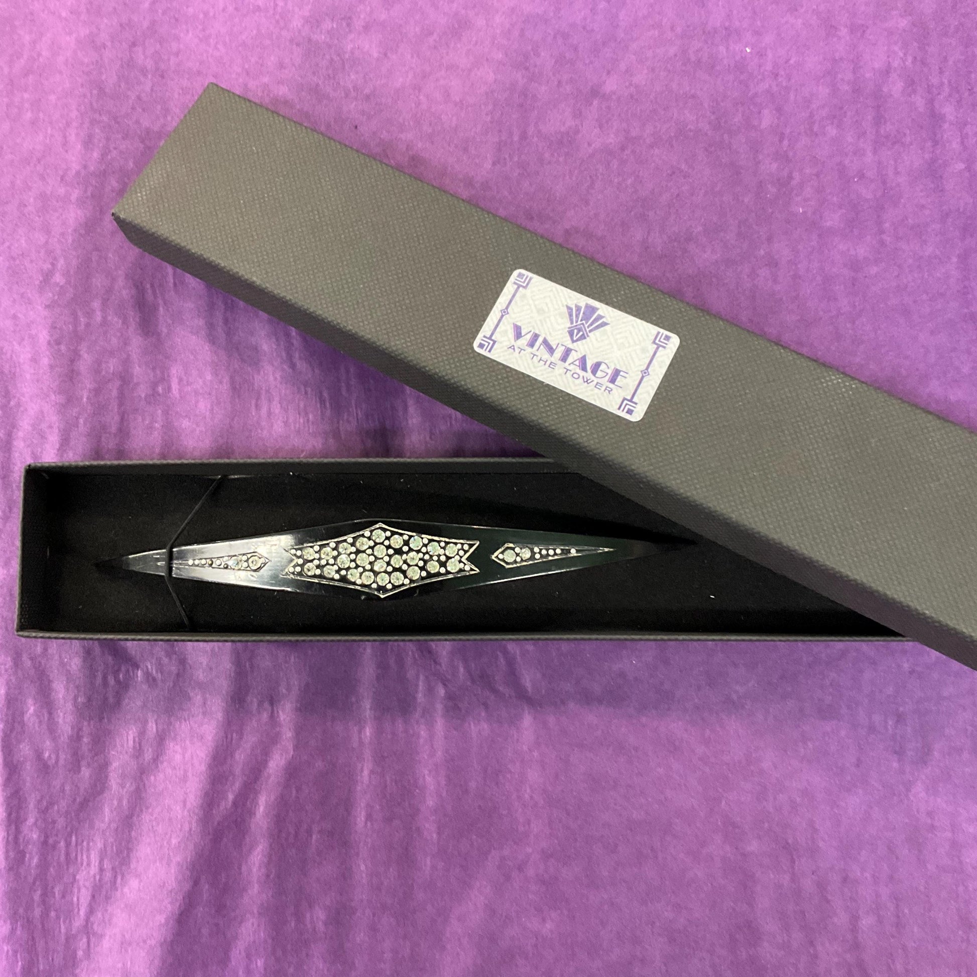 Antique Edwardian/ Art Deco Black Bakelite and Silver Crystal Large Brooch, pre 1910