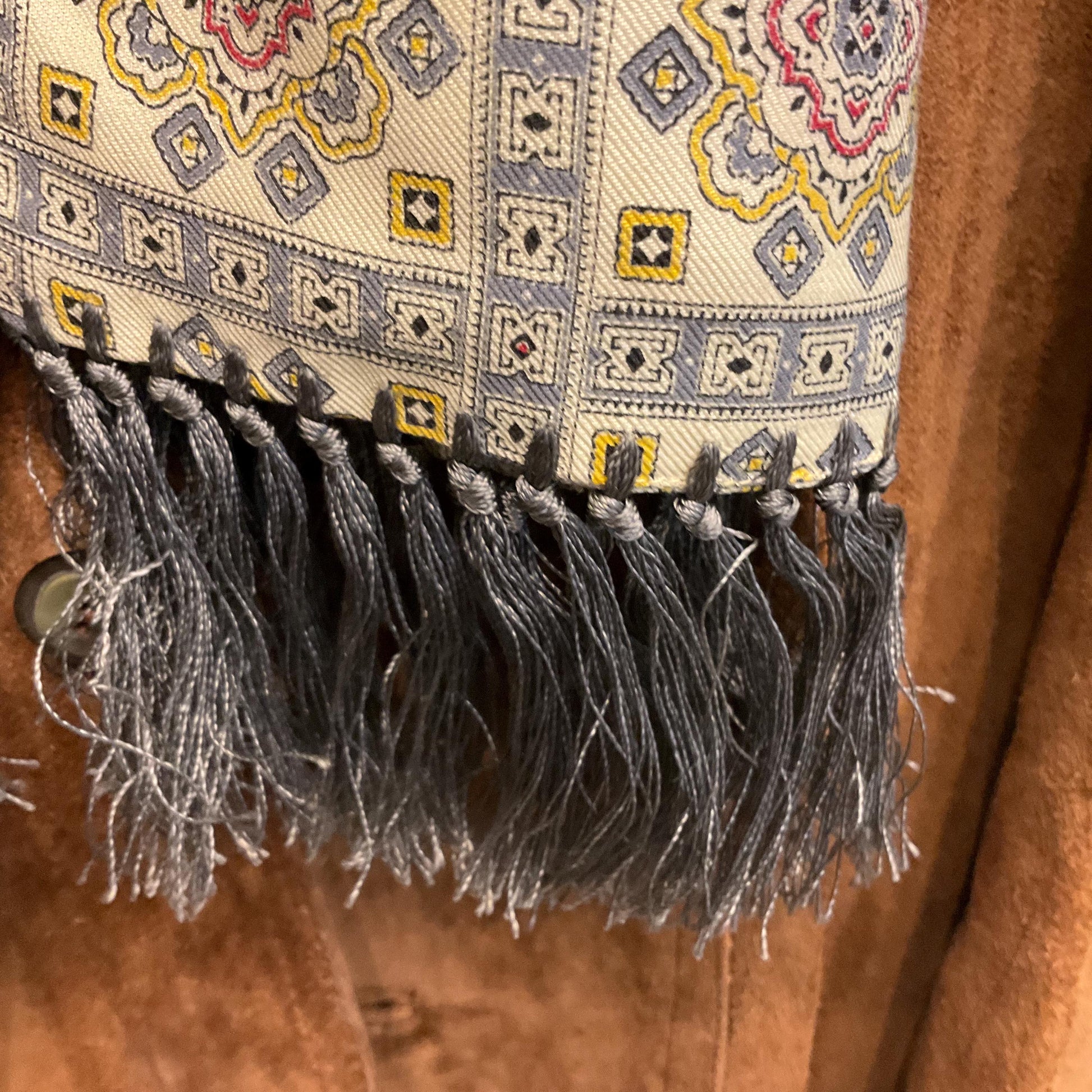 Vintage Mid Century Tootal Fine wool gents fringed scarf, Geometric Paisley print in red and greys onto cream background