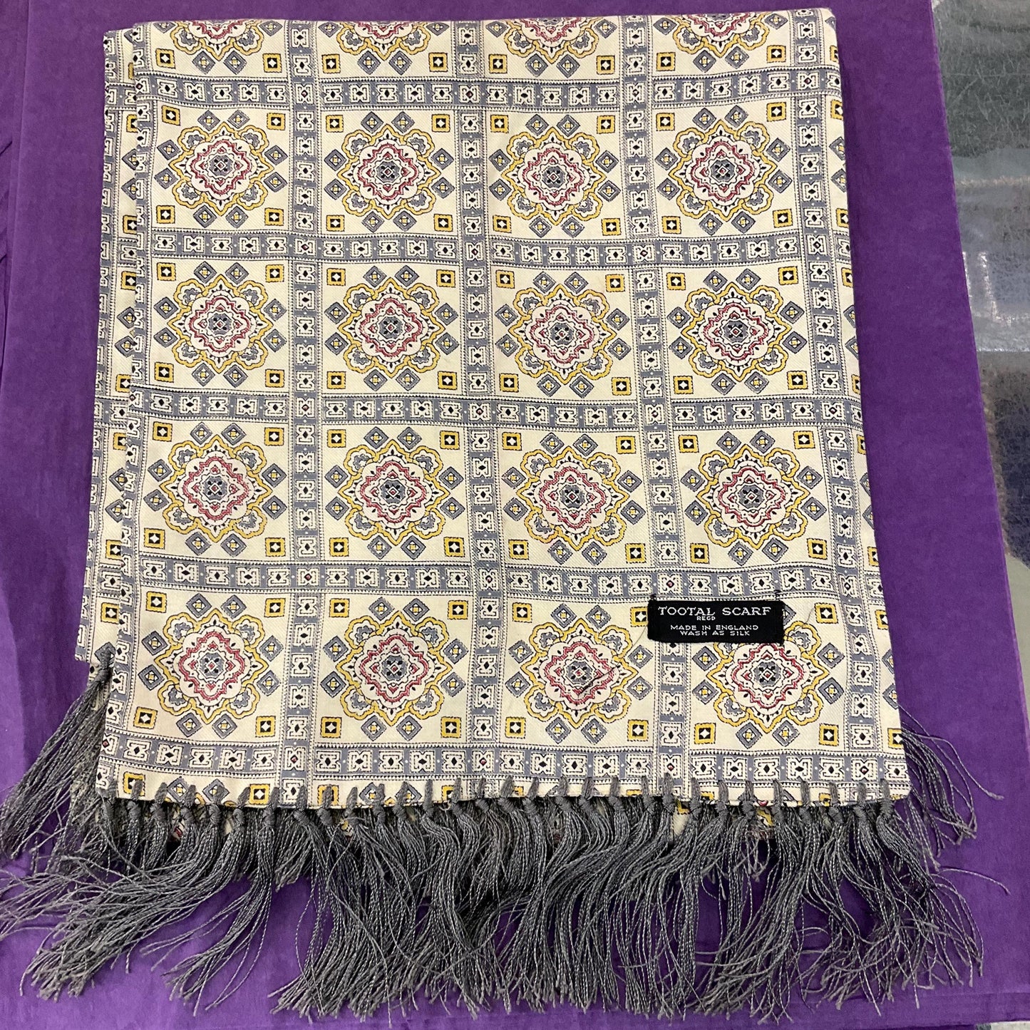 Vintage Mid Century Tootal Fine wool gents fringed scarf, Geometric Paisley print in red and greys onto cream background