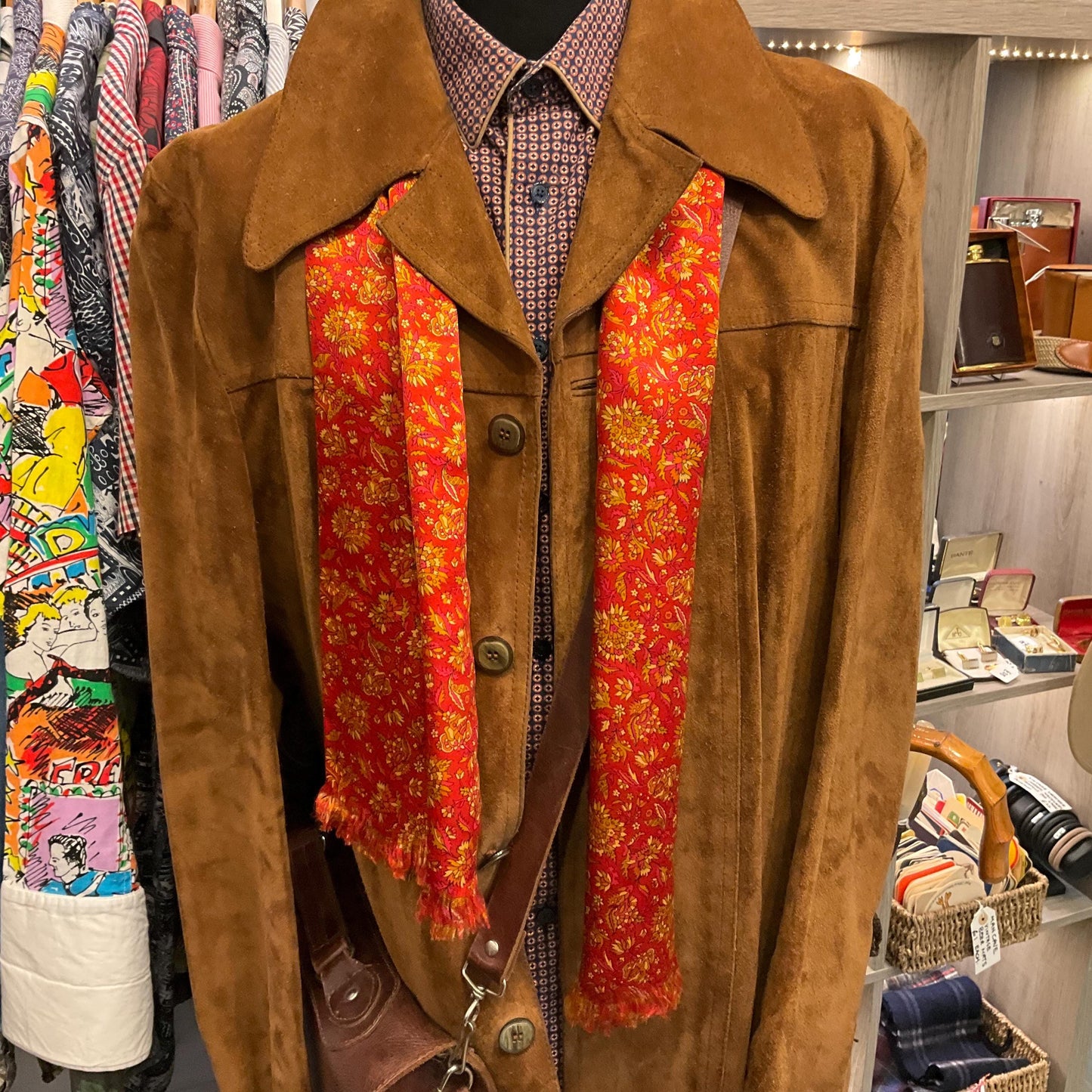 Vintage Indian Pure Silk Floral Gents Dress Fringed Scarf, Rich Red with gold flowers
