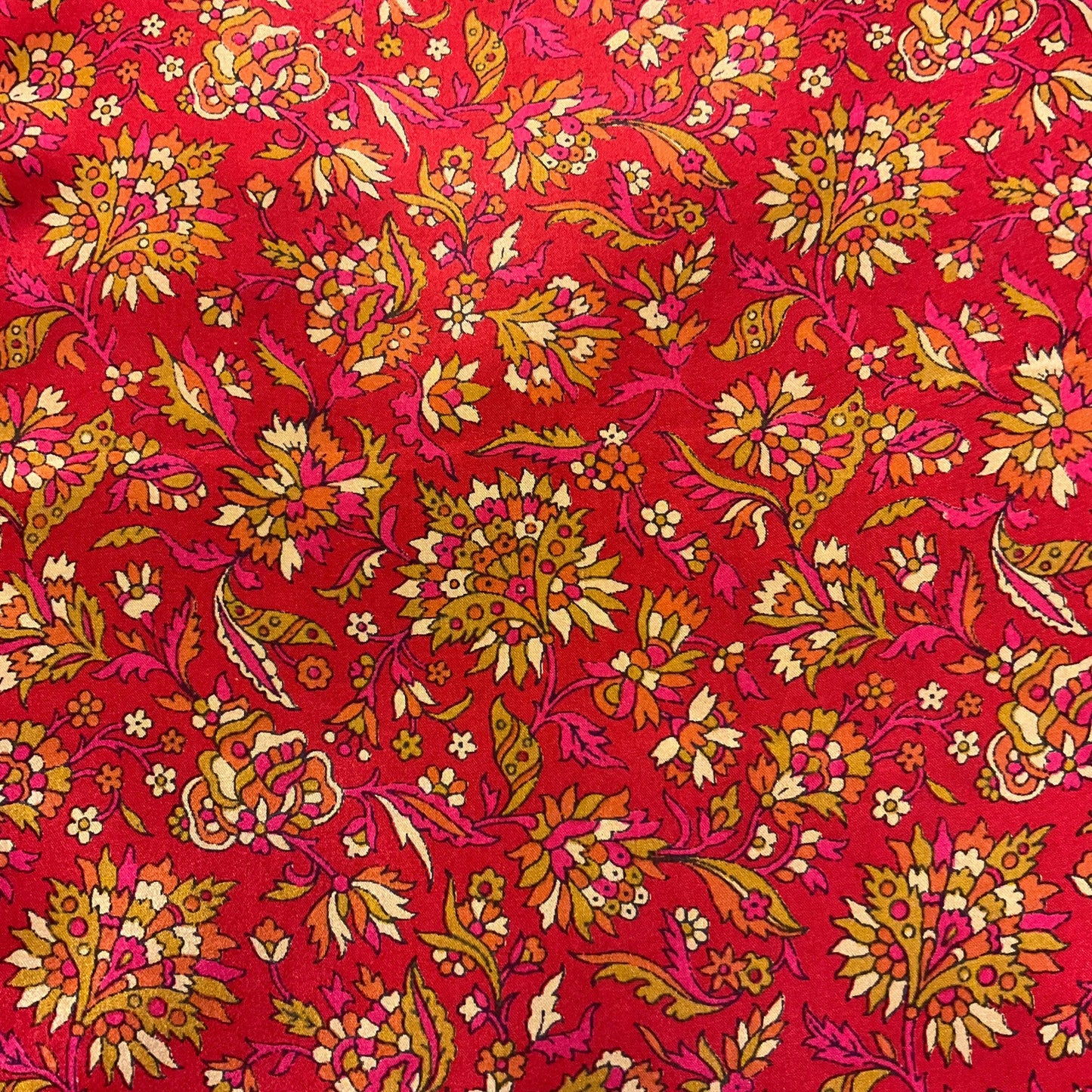 Vintage Indian Pure Silk Floral Gents Dress Fringed Scarf, Rich Red with gold flowers