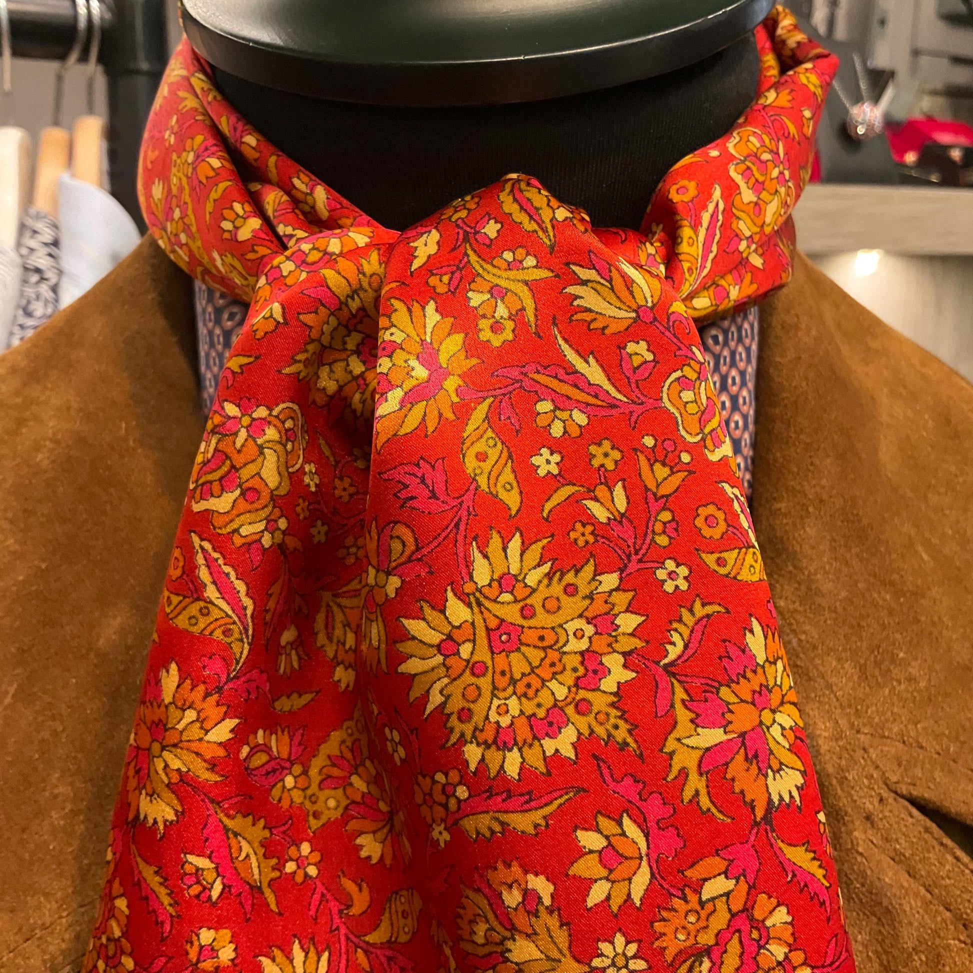 Vintage Indian Pure Silk Floral Gents Dress Fringed Scarf, Rich Red with gold flowers