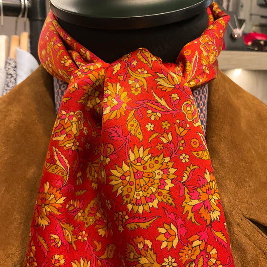 Vintage Indian Pure Silk Floral Gents Dress Fringed Scarf, Rich Red with gold flowers
