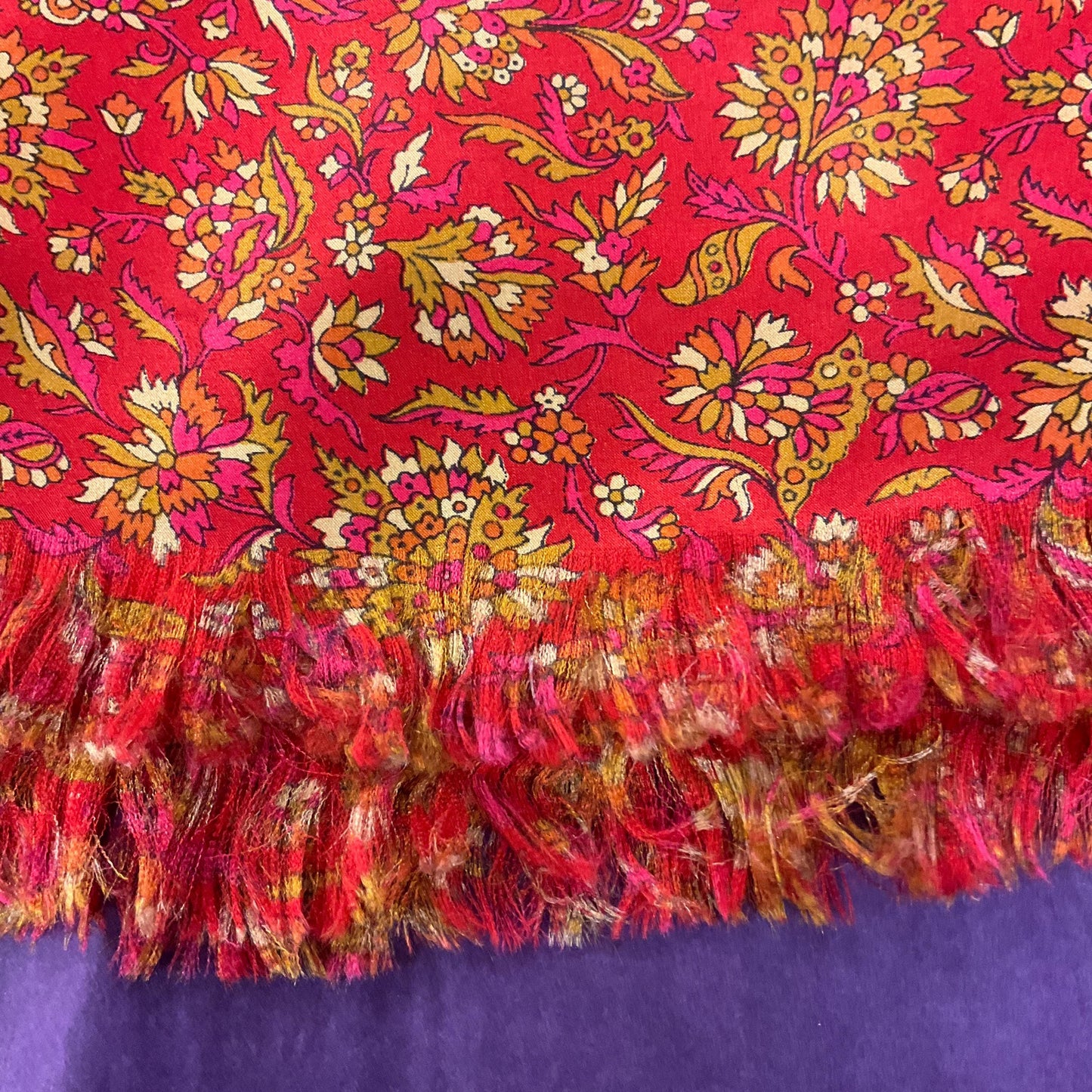 Vintage Indian Pure Silk Floral Gents Dress Fringed Scarf, Rich Red with gold flowers