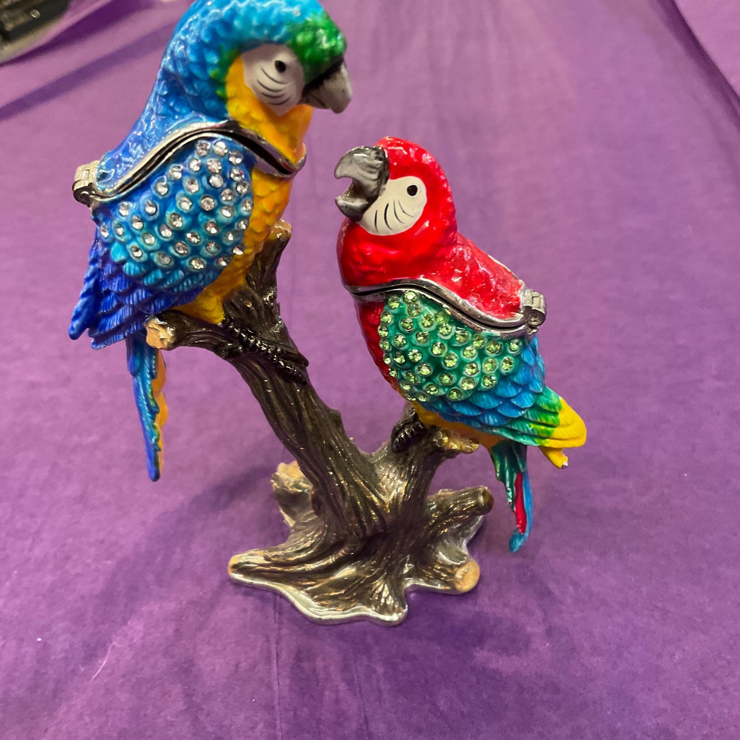 Vintage Fabergé Style Parrots Trinket Box, Multicoloured Enamel with silver and Green rhinestone crystals