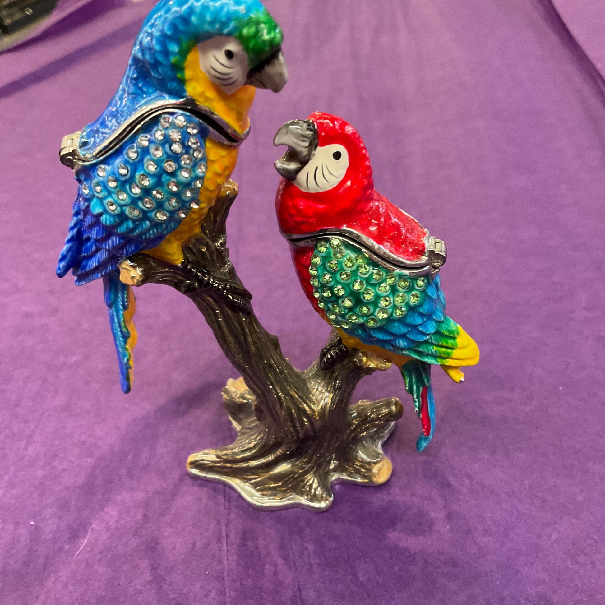 Vintage Fabergé Style Parrots Trinket Box, Multicoloured Enamel with silver and Green rhinestone crystals