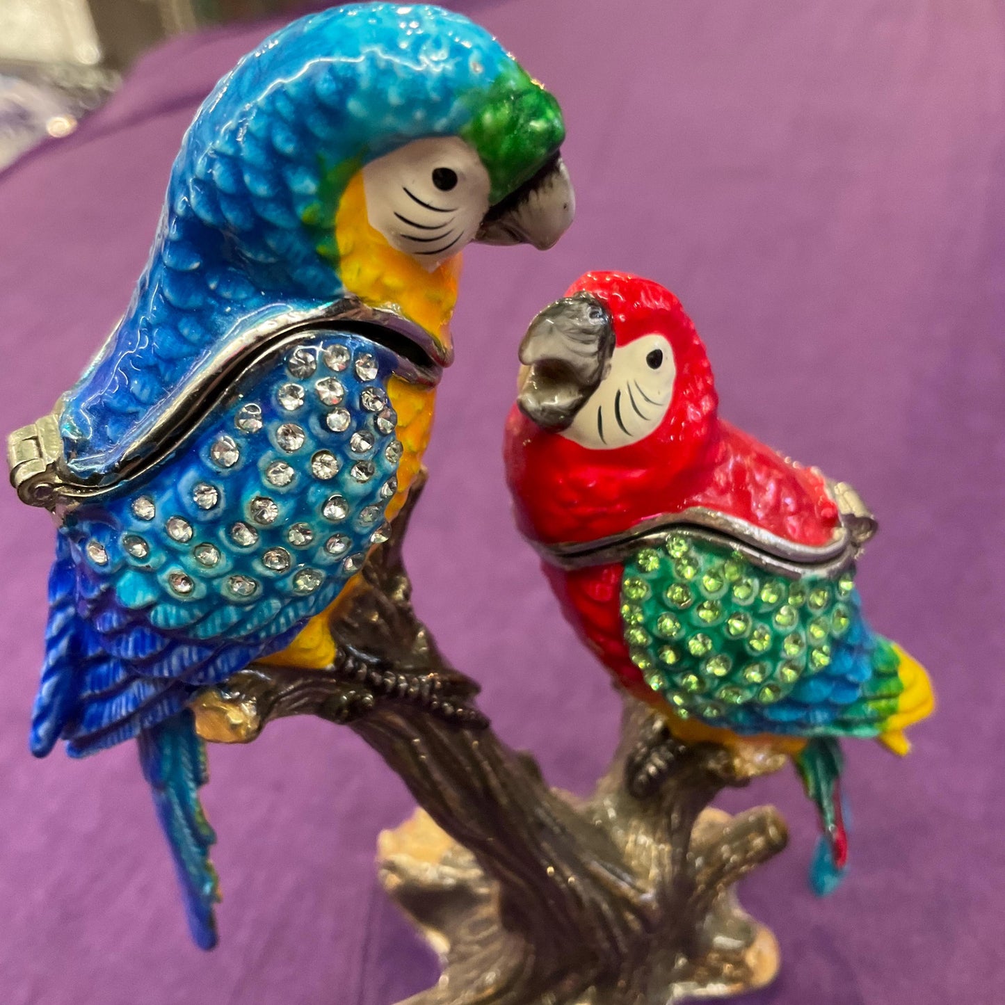 Vintage Fabergé Style Parrots Trinket Box, Multicoloured Enamel with silver and Green rhinestone crystals