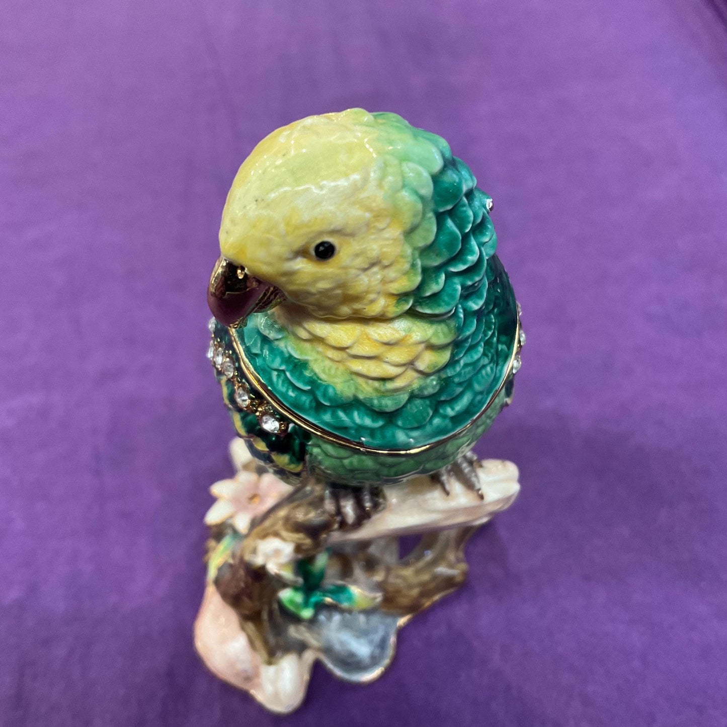 Vintage Fabergé Style Green Budgerigar Trinket Box, Multicoloured Enamel with Silver Rhinestone Crystals