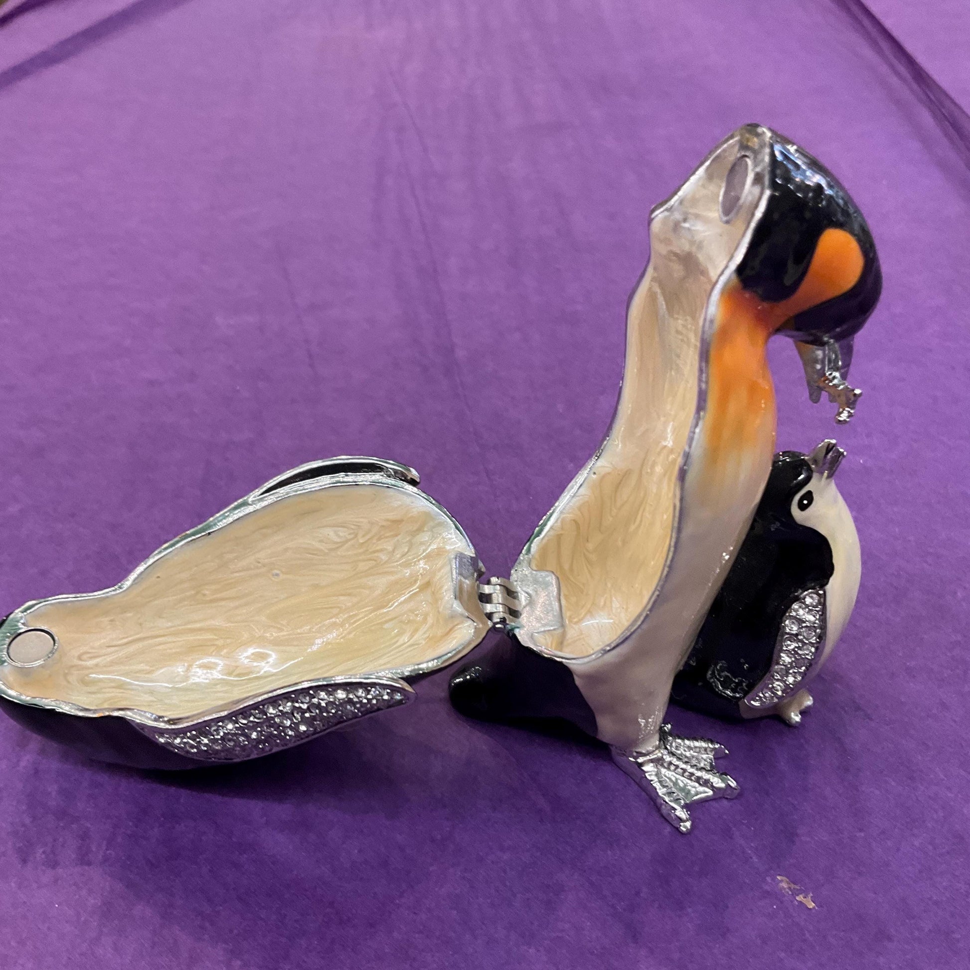 Vintage Fabergé Style Penguin and Chick Trinket Box, Silver tone metal with coloured enamel and rhinestone crystals
