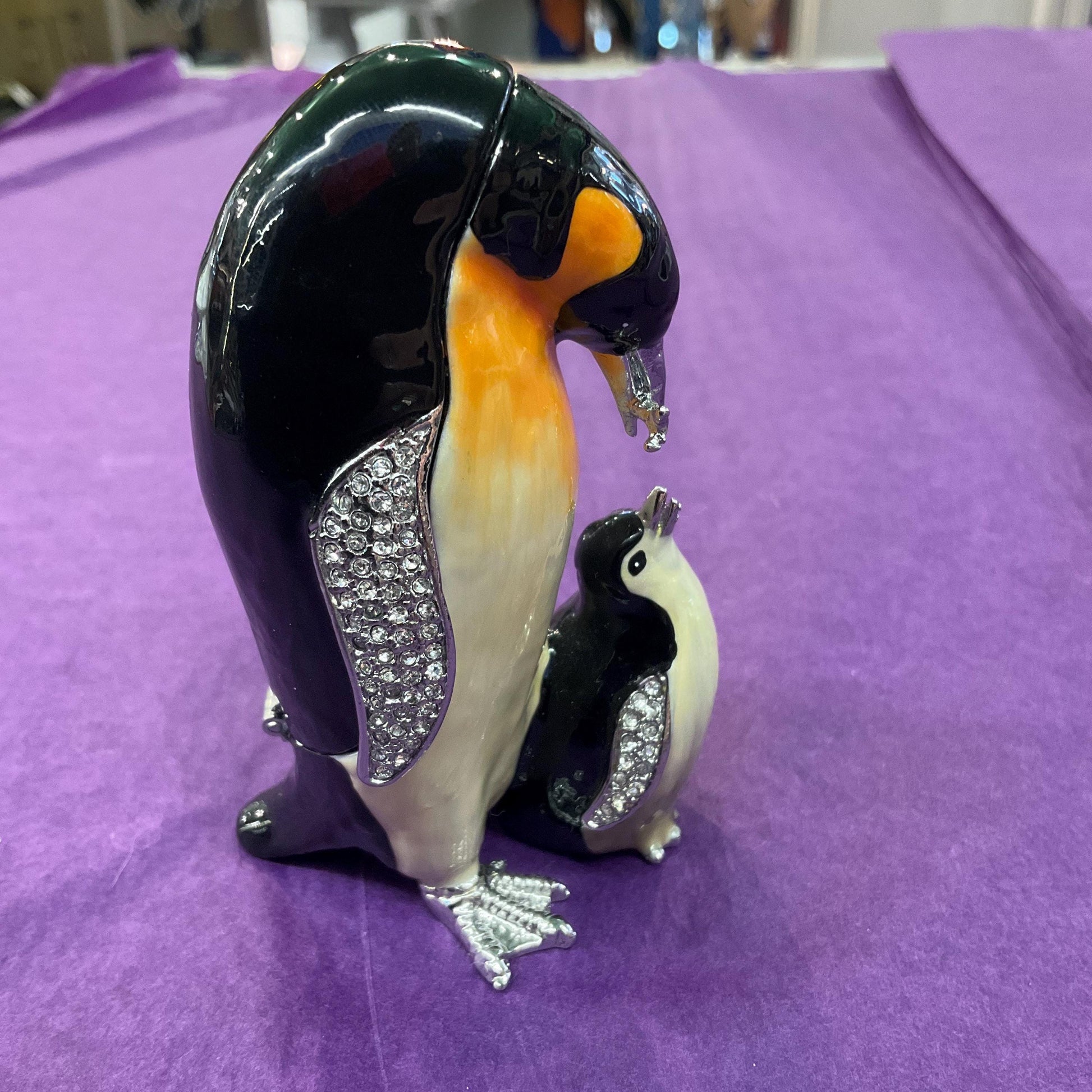 Vintage Fabergé Style Penguin and Chick Trinket Box, Silver tone metal with coloured enamel and rhinestone crystals