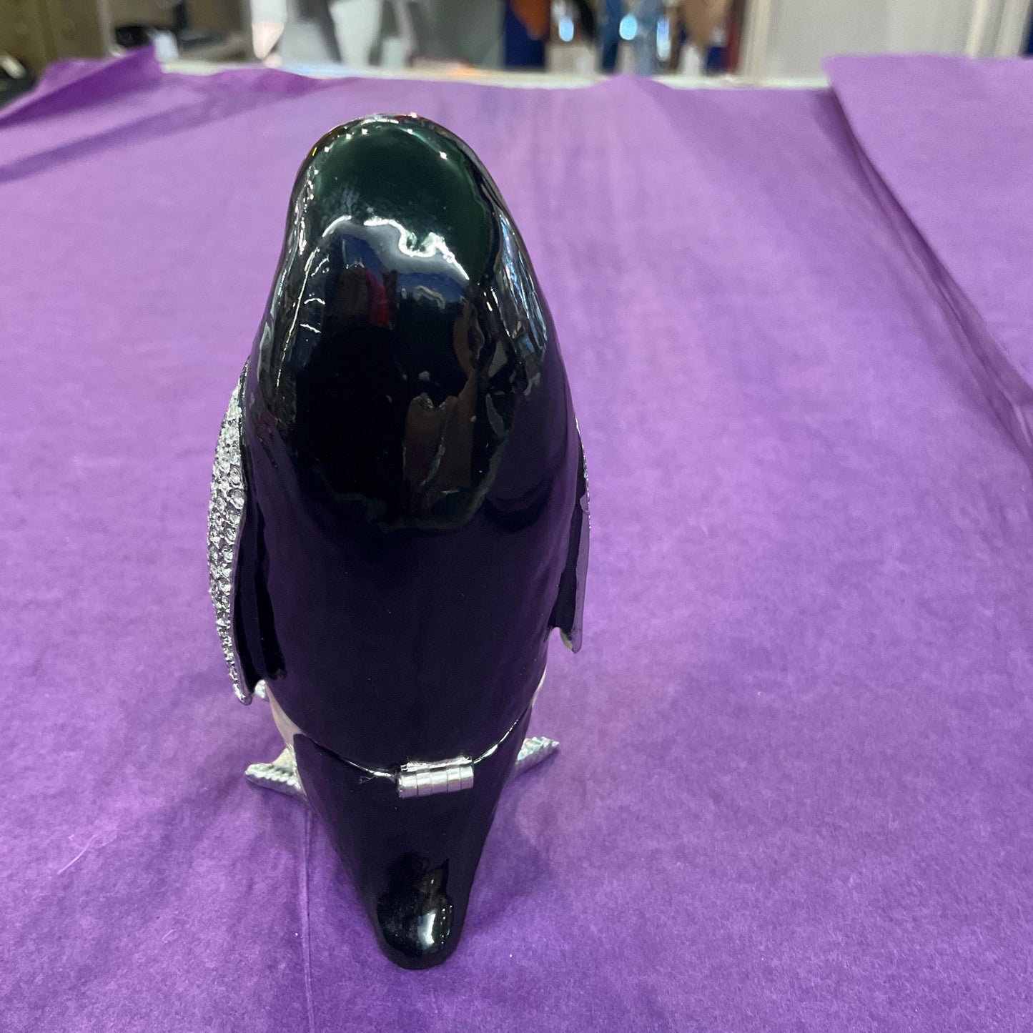 Vintage Fabergé Style Penguin and Chick Trinket Box, Silver tone metal with coloured enamel and rhinestone crystals