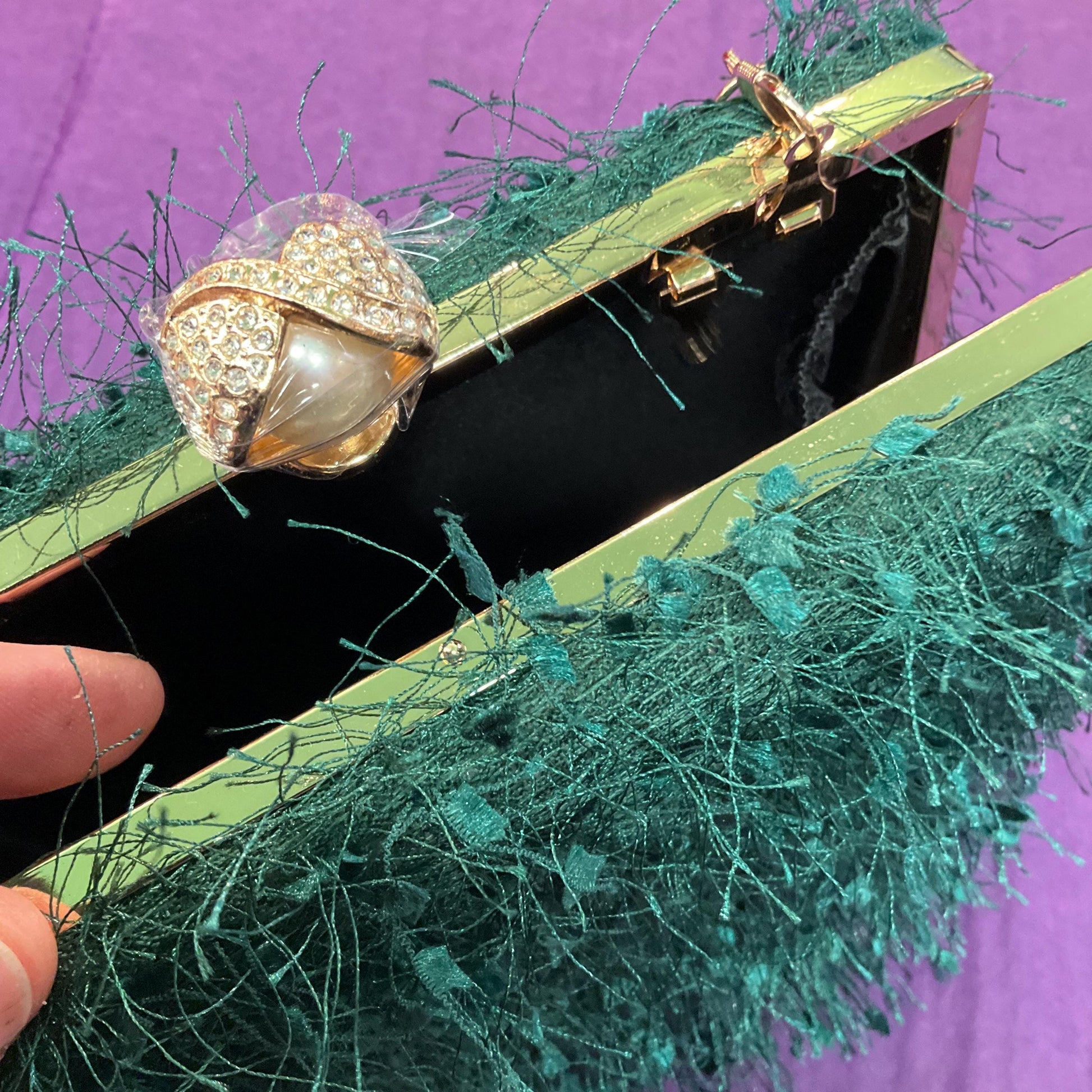 Vintage Deep Green Fringed Evening Box Bag, clutch, handbag or Shoulder chain strap
