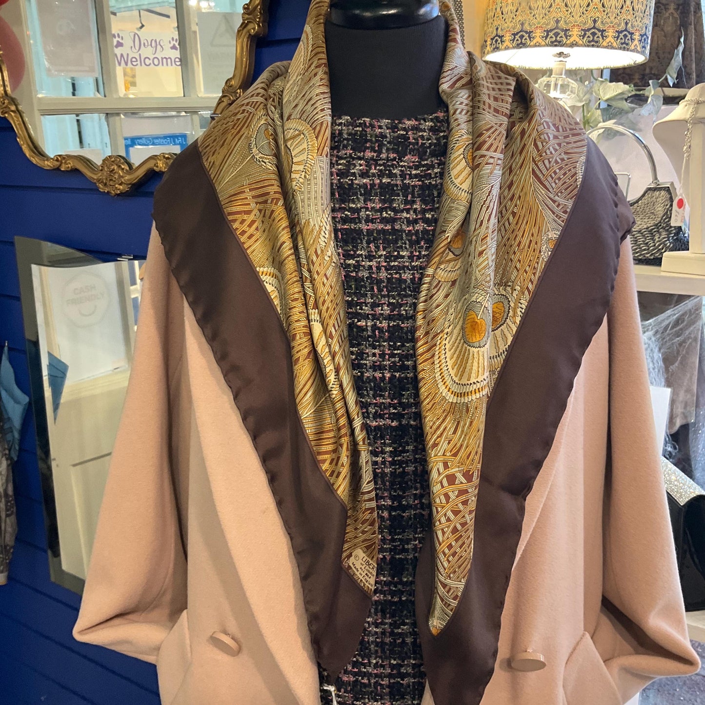 Vintage Liberty of London ‘Hera’ Peacock Feather Print Large Pure Silk Scarf, Shades of brown and gold