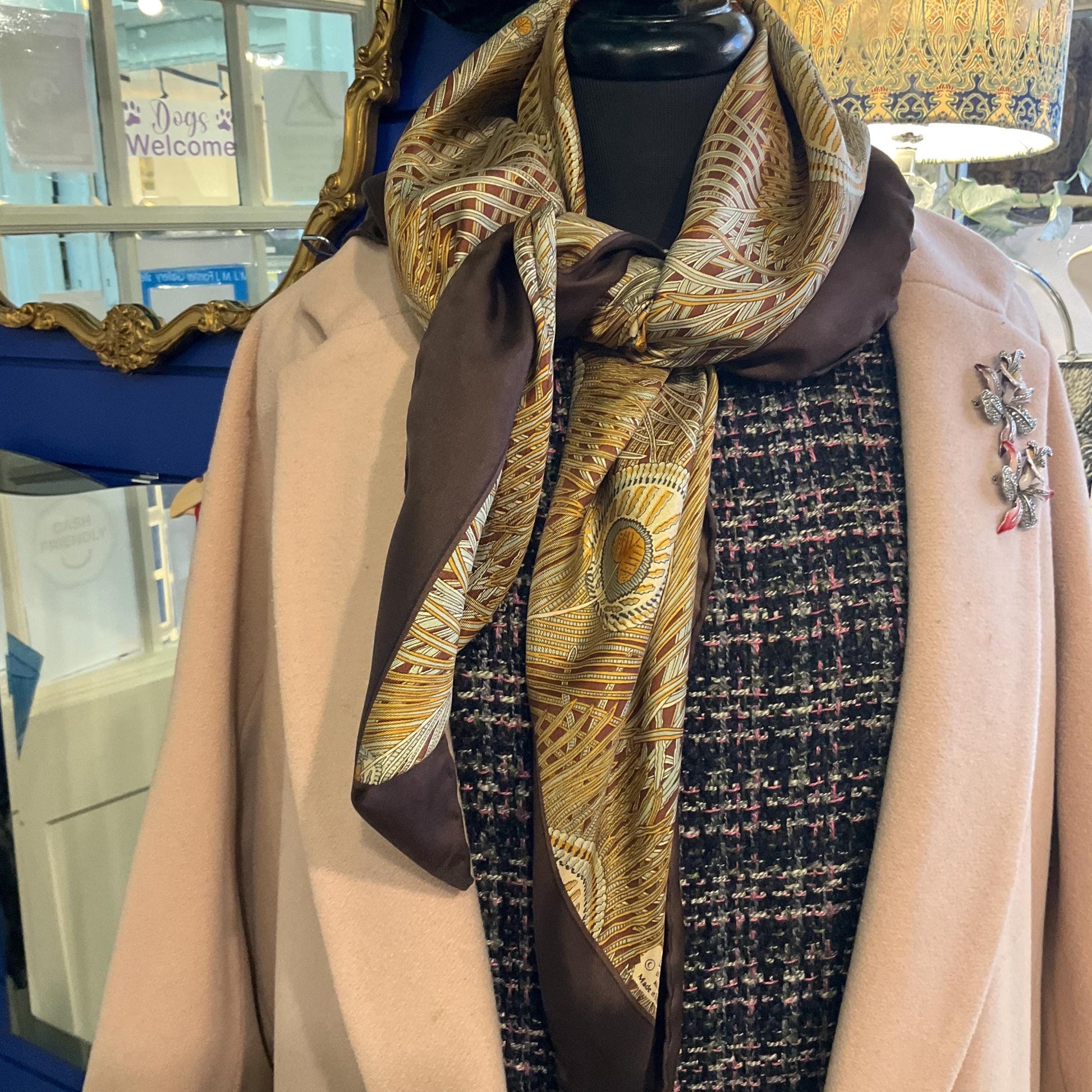 Vintage Liberty of London ‘Hera’ Peacock Feather Print Large Pure Silk Scarf, Shades of brown and gold