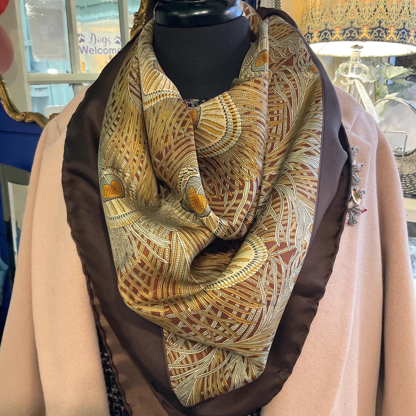 Vintage Liberty of London ‘Hera’ Peacock Feather Print Large Pure Silk Scarf, Shades of brown and gold