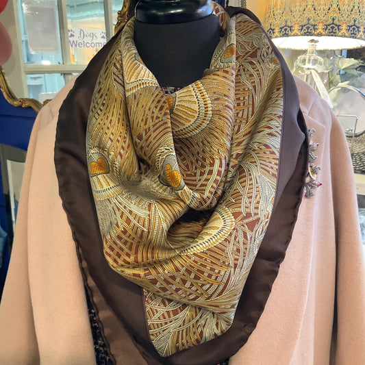 Vintage Liberty of London ‘Hera’ Peacock Feather Print Large Pure Silk Scarf, Shades of brown and gold