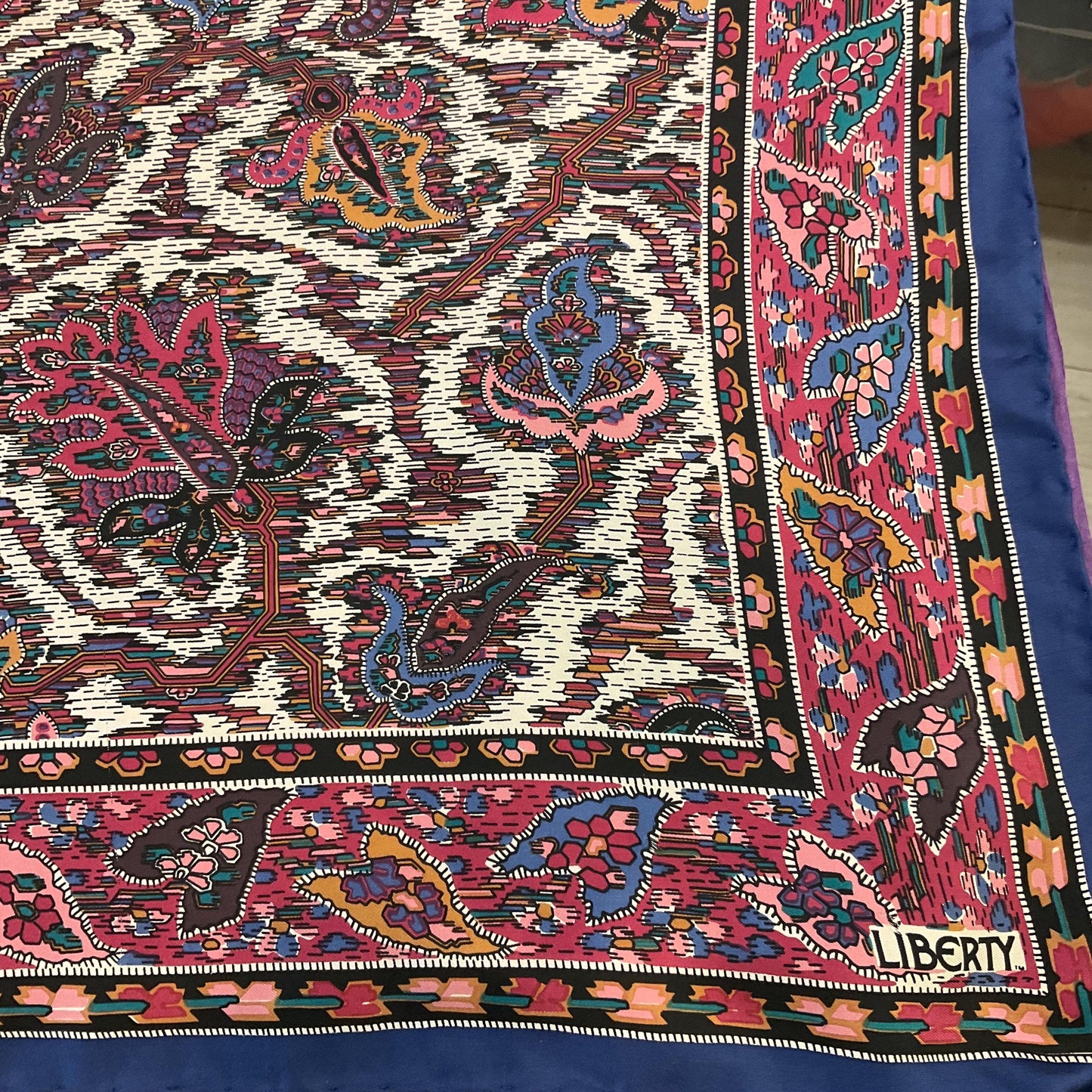 Vintage Liberty of London Pure Silk Scarf, Moorish Abstract Floral Print, hand rolled hem