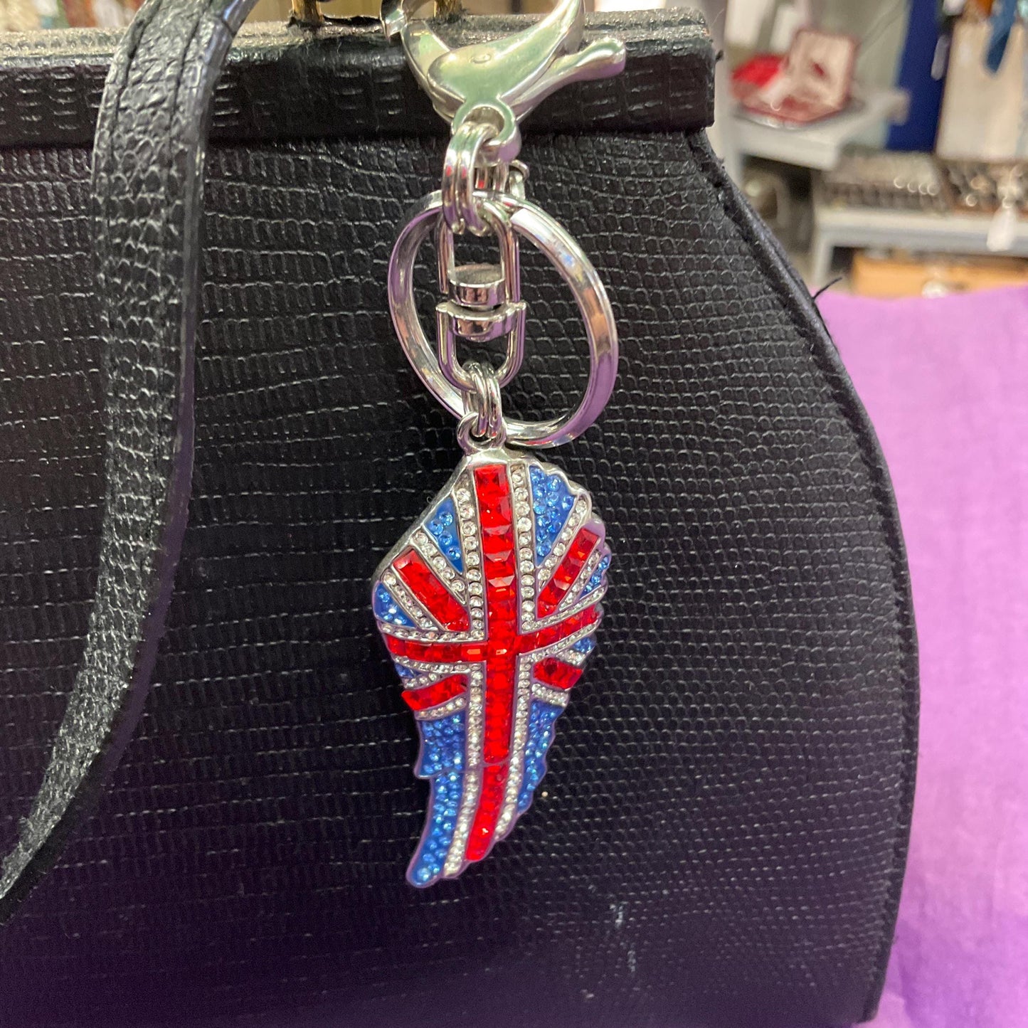 Vintage Butler and Wilson Crystal Union Jack Angel Wing Handbag Charm/ Keychain , silver tone with red , silver and blue rhinestones.
