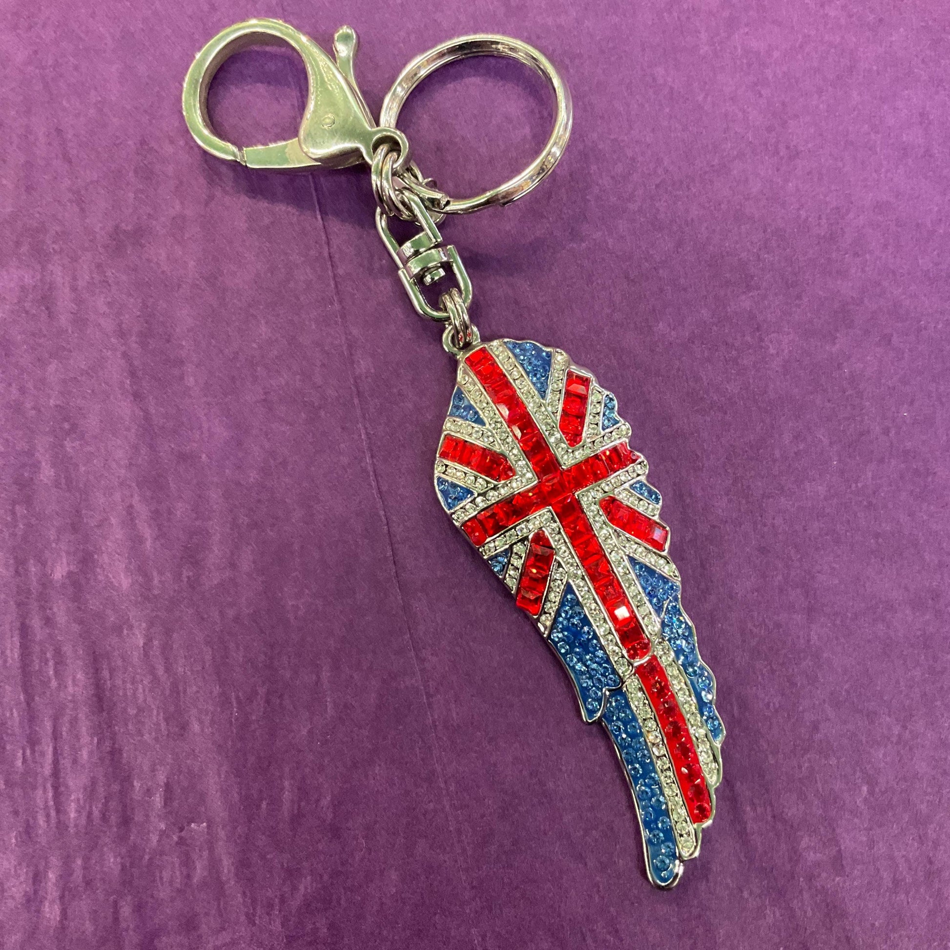 Vintage Butler and Wilson Crystal Union Jack Angel Wing Handbag Charm/ Keychain , silver tone with red , silver and blue rhinestones.