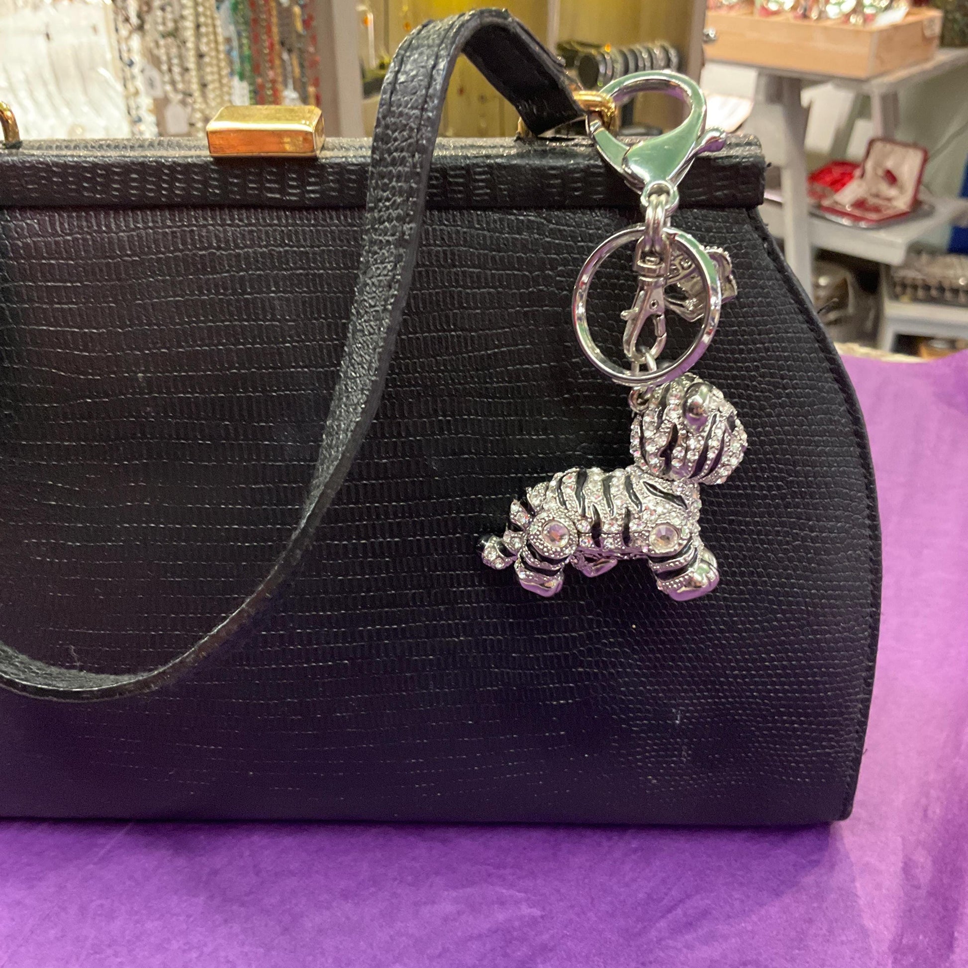 Vintage Butler and Wilson Crystal Tiger Cub Handbag Charm/Keychain, Silver tone with black enamel stripes