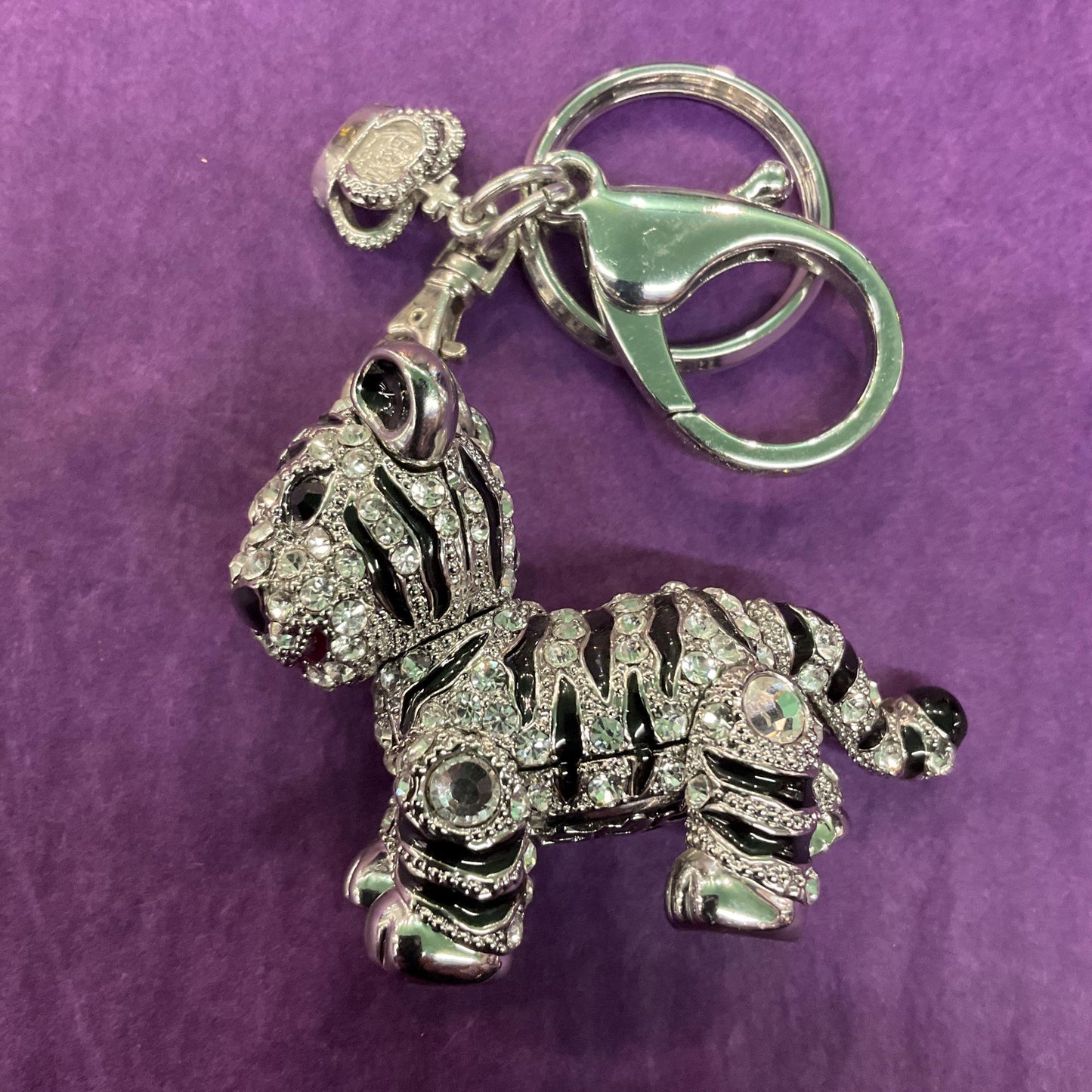 Vintage Butler and Wilson Crystal Tiger Cub Handbag Charm/Keychain, Silver tone with black enamel stripes