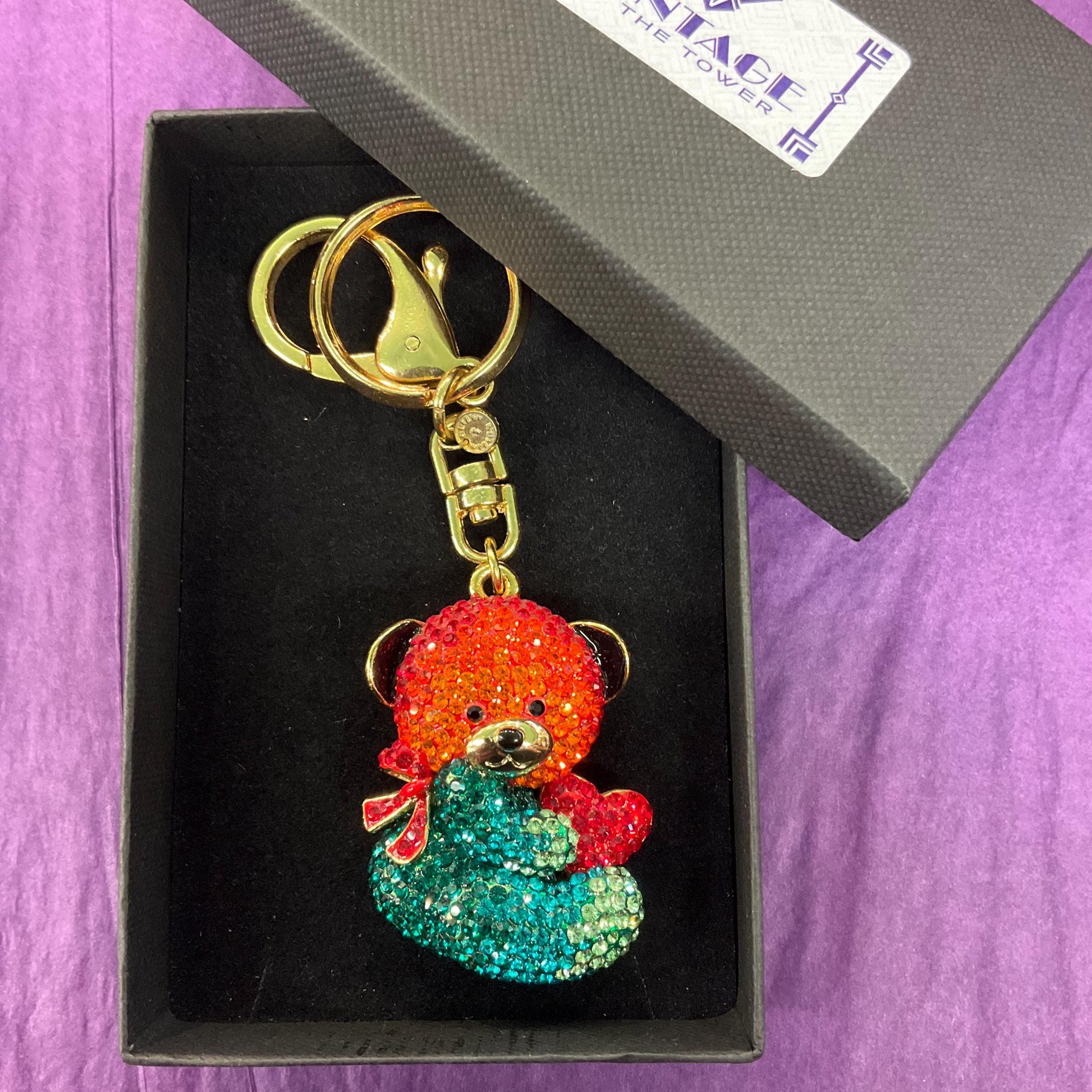 Vintage Butler and Wilson Rainbow Teddy Crystal Handbag Charm/ Keychain, Gold tone with multicoloured rhinestone crystals