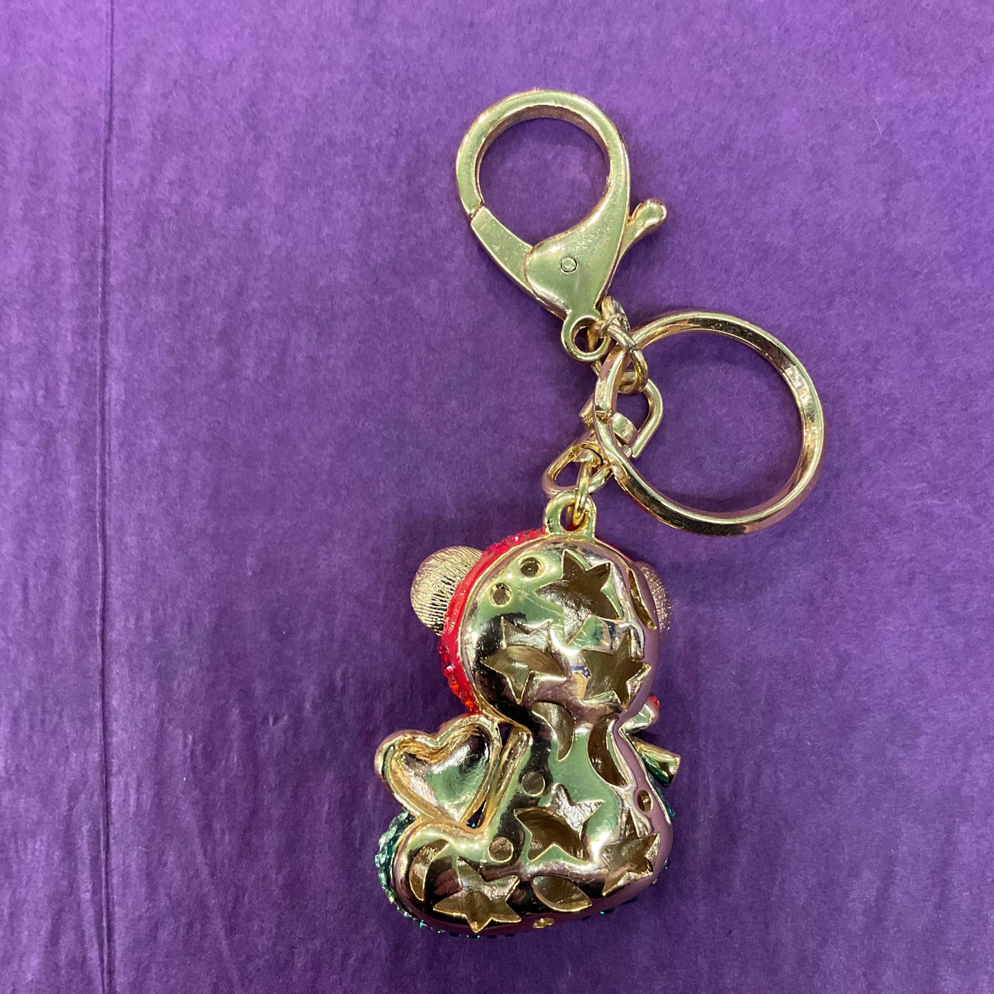 Vintage Butler and Wilson Rainbow Teddy Crystal Handbag Charm/ Keychain, Gold tone with multicoloured rhinestone crystals